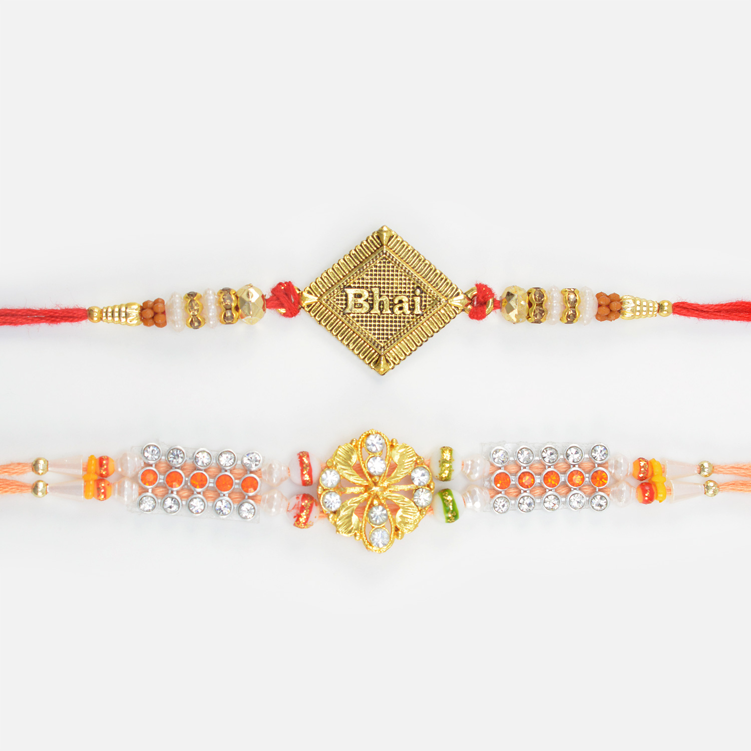 Special Bhai Written Bhai Rakhi with Liner Dotted Jewel Stone Rakhi Set for 2 Brothers