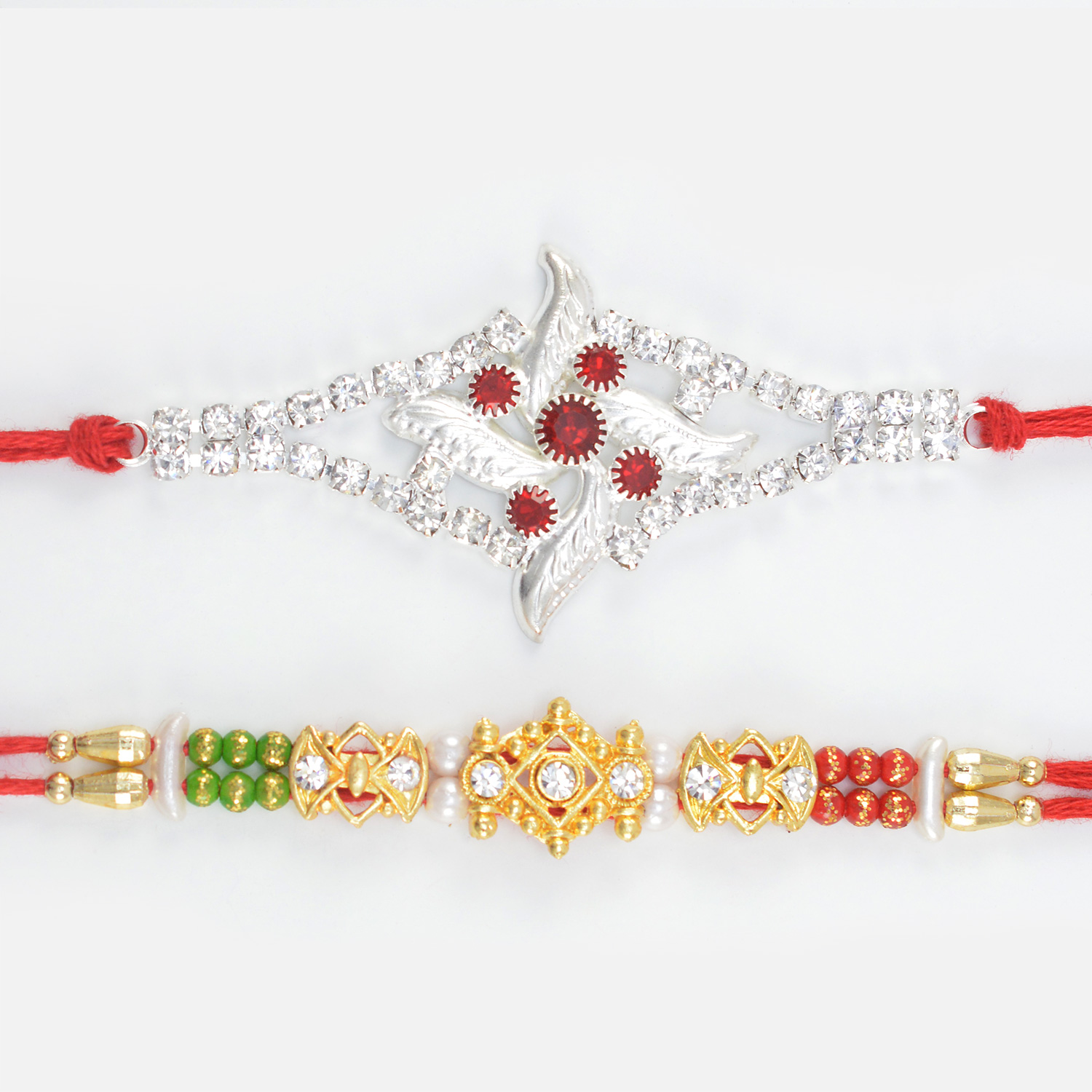 Red and Transparent Diamond Studded Rakhi with Simple Multi liner Beaded Brother Rakhi