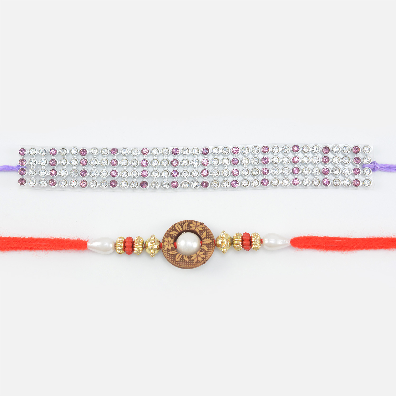 Bracelet Type New Stylish Looking Jewel Dotted and Big Bead in Mauli Thread Rakhi for Brother