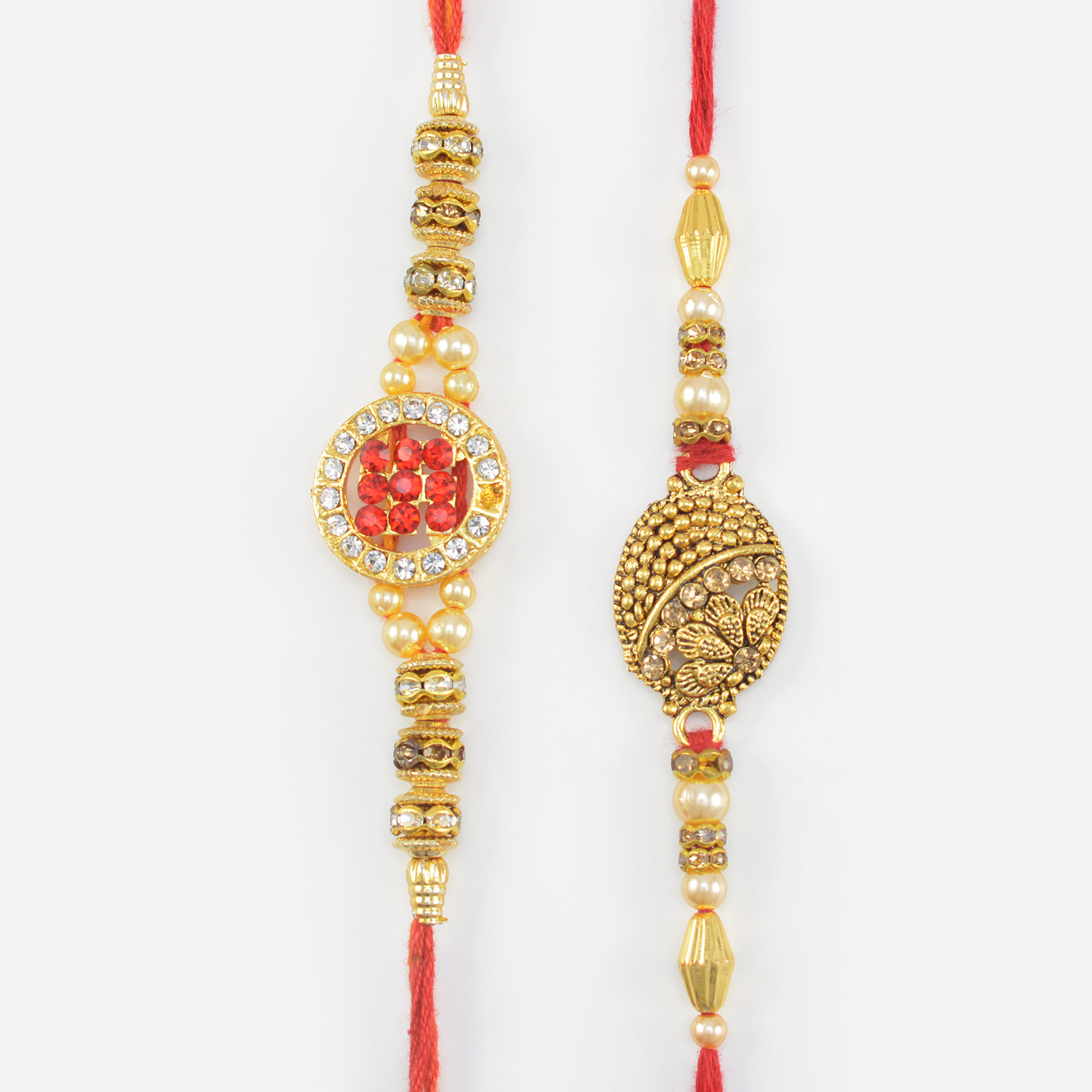 Ring of Stones and Gold, Nicely Pattern Two Handcrafted Rakhis for Brother
