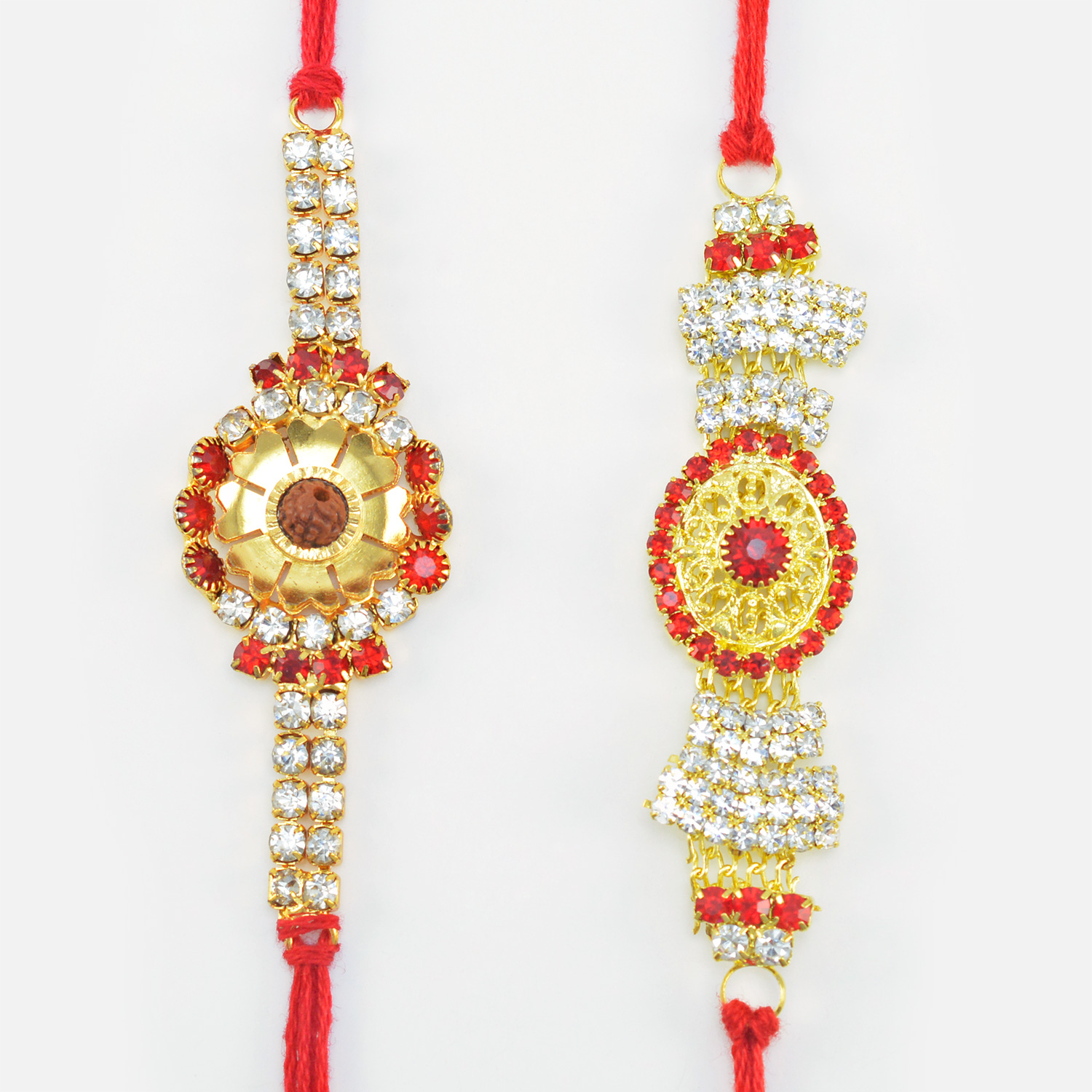 Golden Base in Mid Rounded with Colored Jewels Unique Set of 2 Jewel Brother Rakhis