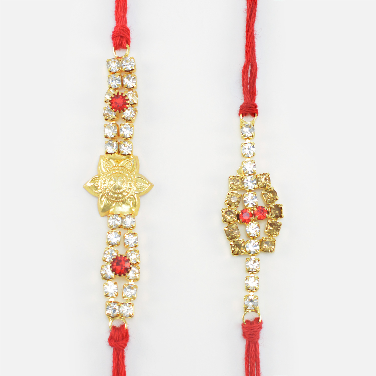 Golden Flower in Mid of Two Handcrafted Stone Dotted Mauli Rakhi Set 
