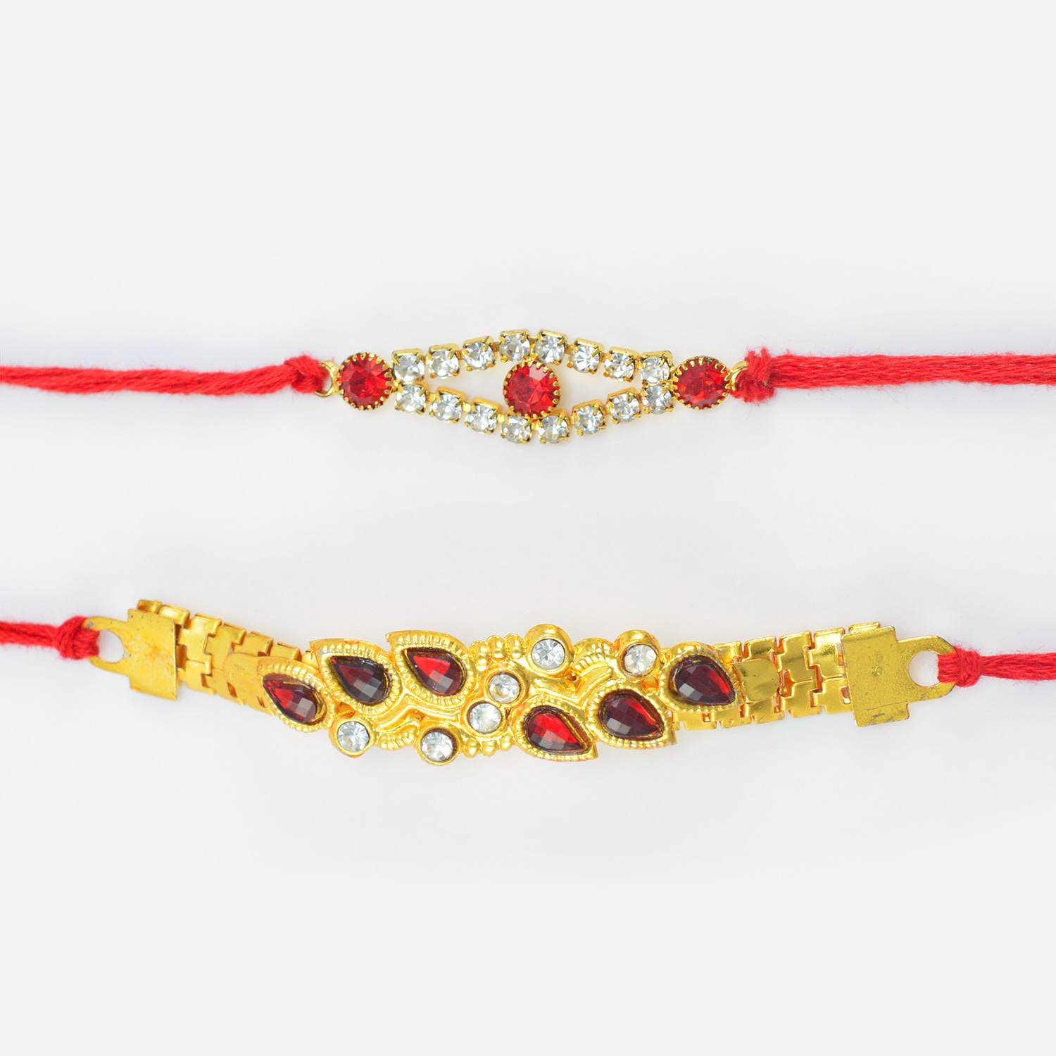 Oval Shape Diamonds and Bracelet Type Golden Rakhi with Simple Looking Jewel Two Brother Rakhis