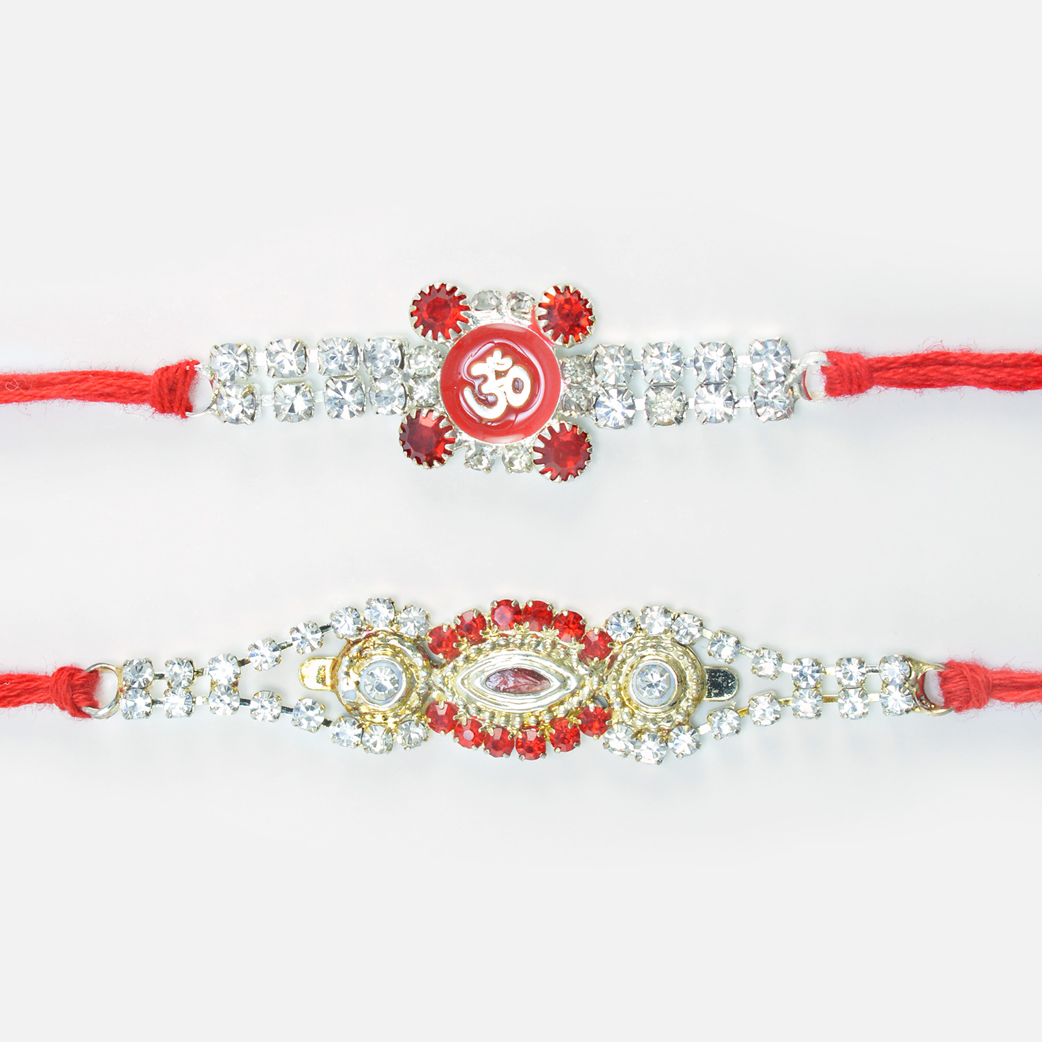 Om Written and Oval Shape Design Red and Silver Color Stone Studded Amazing Rakhis