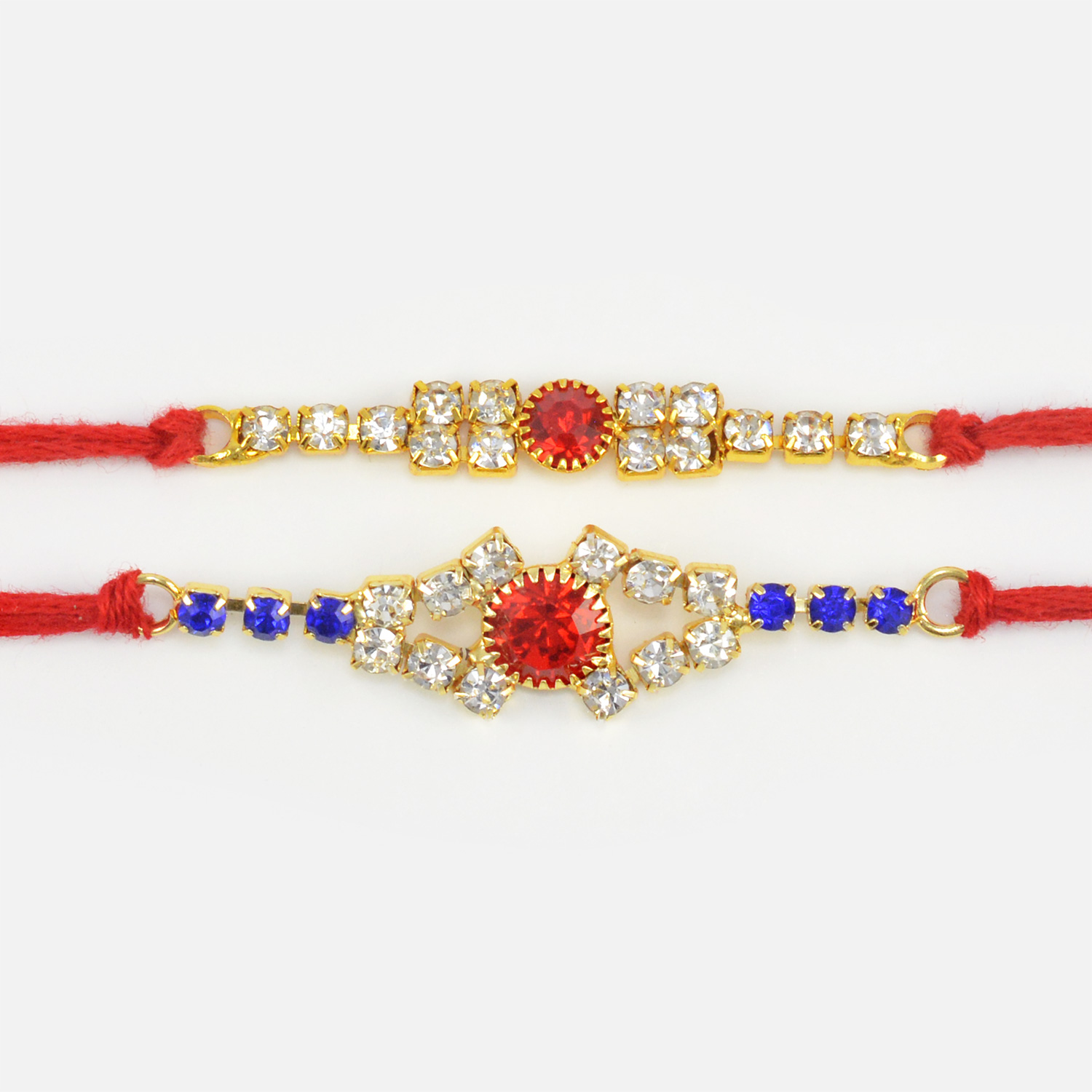 Rhombus Shape Blue and Transparent Jewel Studded Two Magnificent Rakhi Set for 2 Brothers