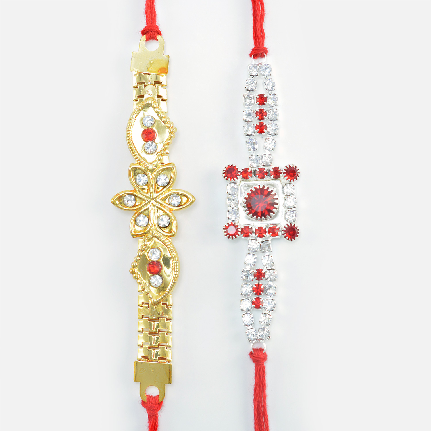 Golden Flower in Mid with Red Stone on Silver Square Shape Two Beautiful Rakhis Set of 2