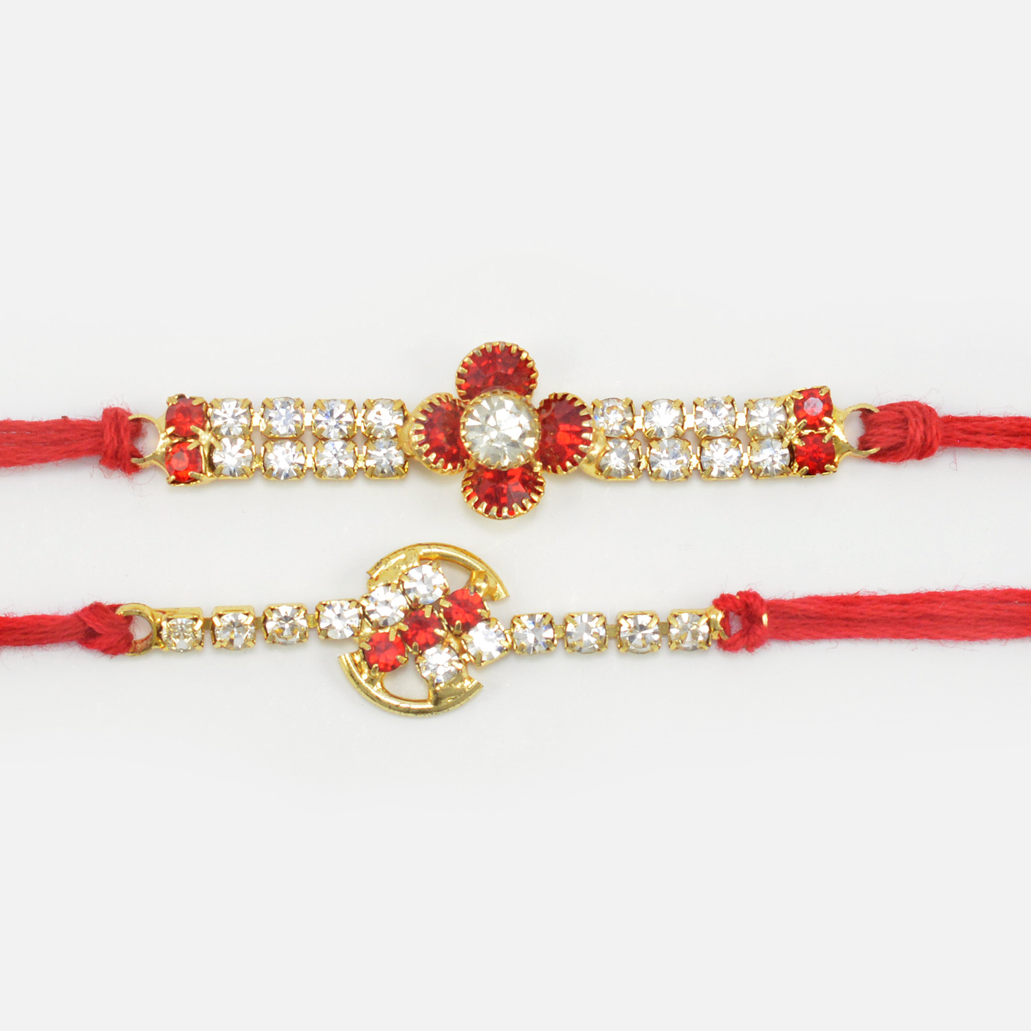 Simple and Elegant Hand Crafted Colored Jewel Mauli Thread Attractive Rakhis Set of 2