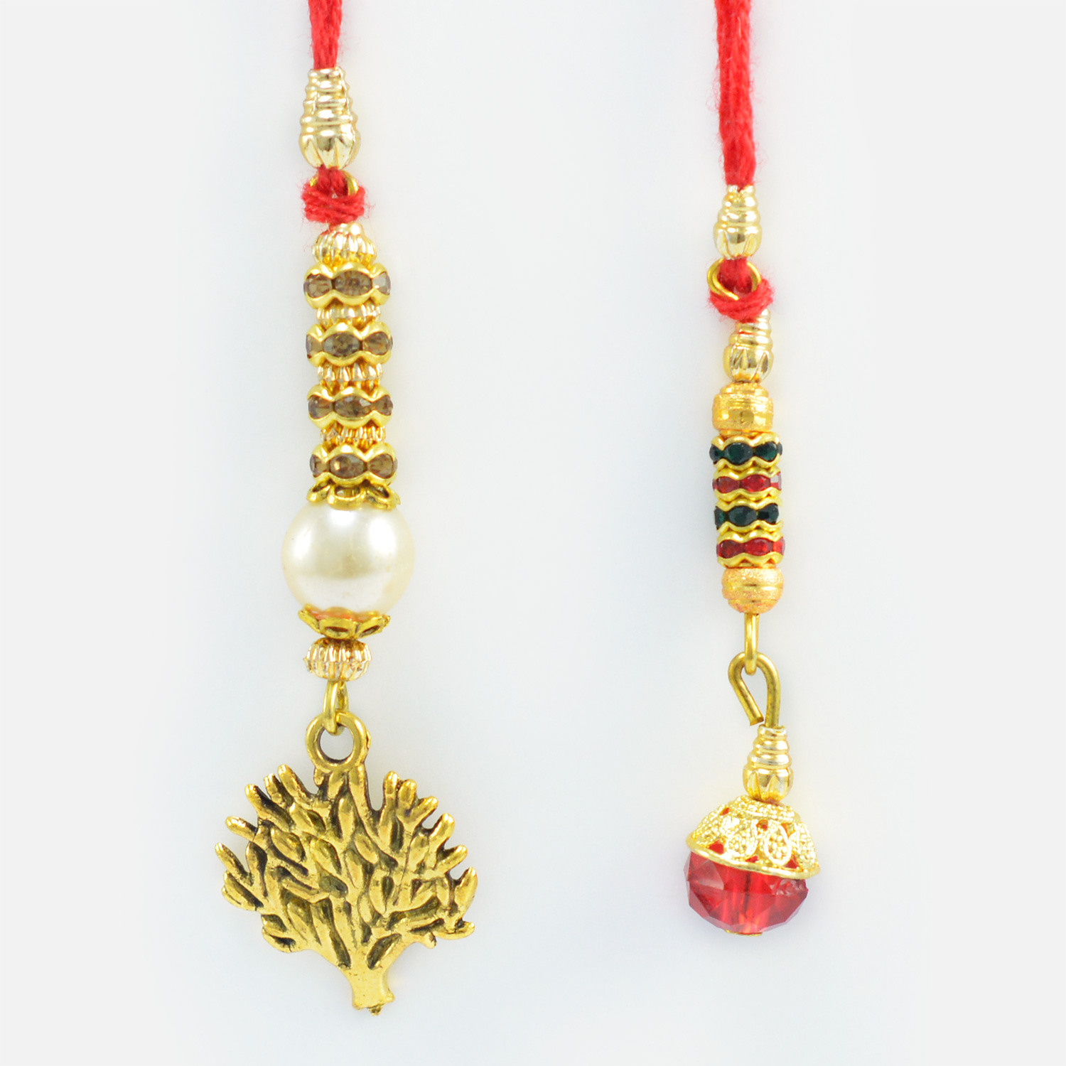 Floating Tree and Red Bead Colored Jewel and Pear Lumba Rakhis for Bhabhi