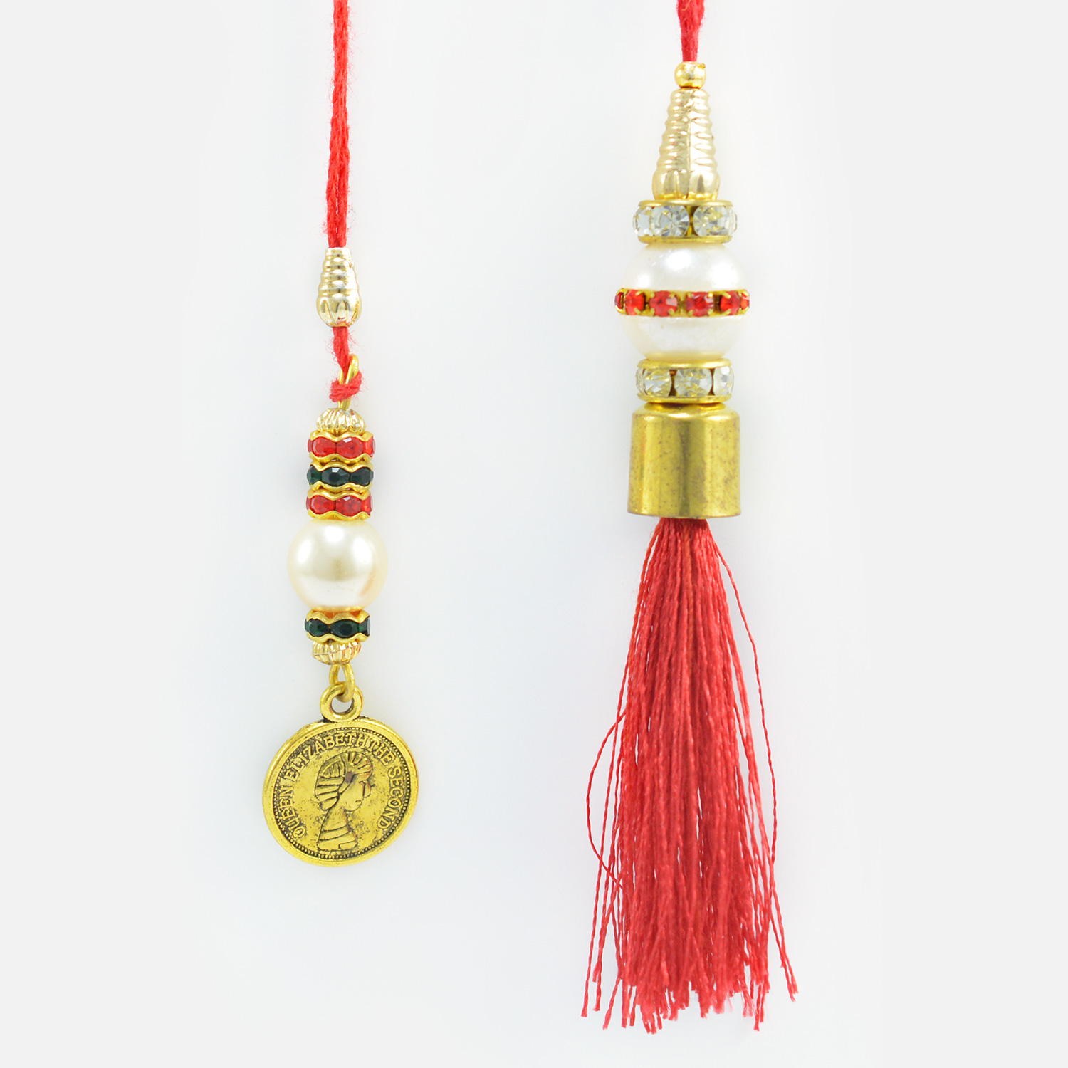 Gold Coin Hanging and White Beads with Jewel Nicely Designs Two Lumba Rakhis Set