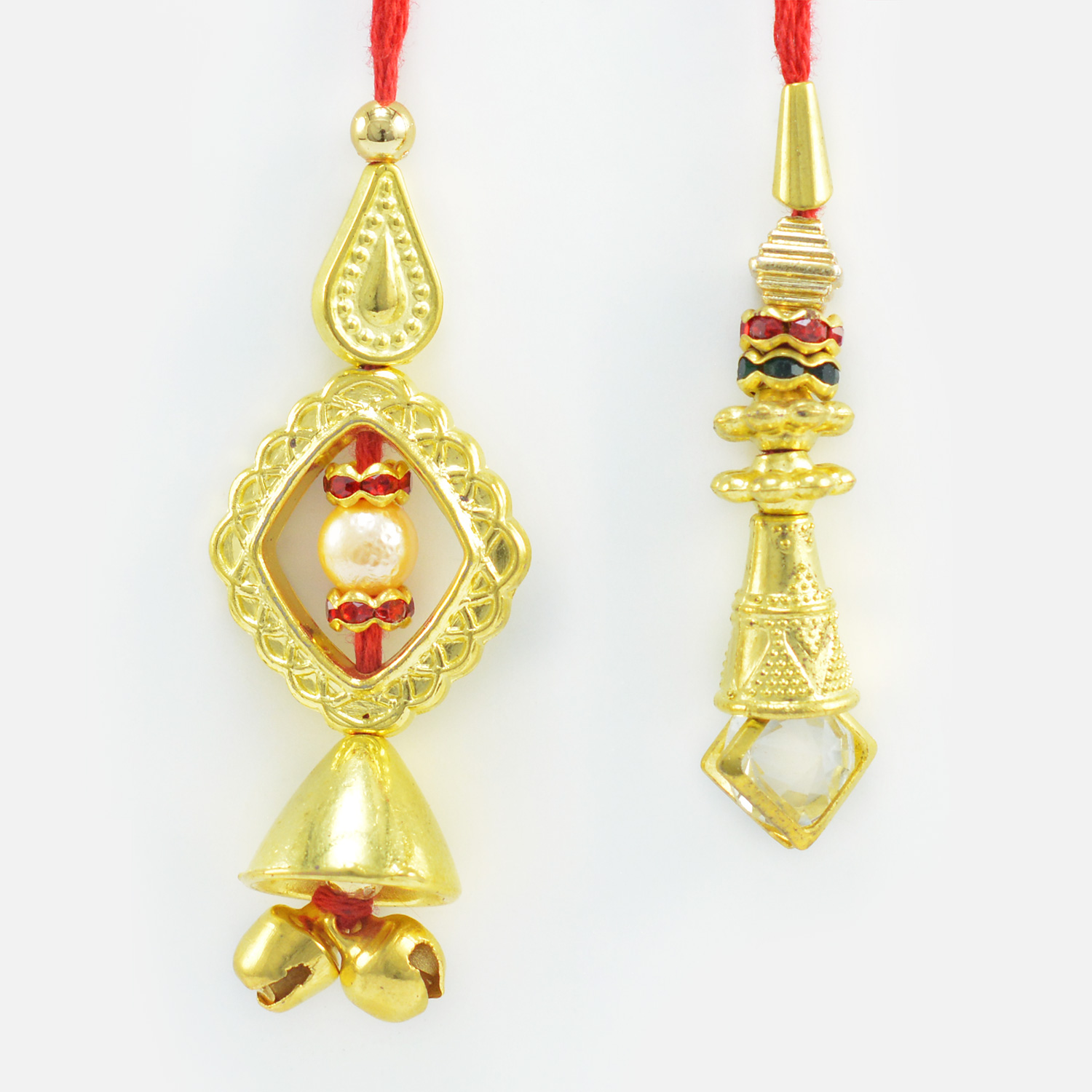 Simple Gold Color Beaded and Jewel Two Lumba Rakhis for Bhabhi