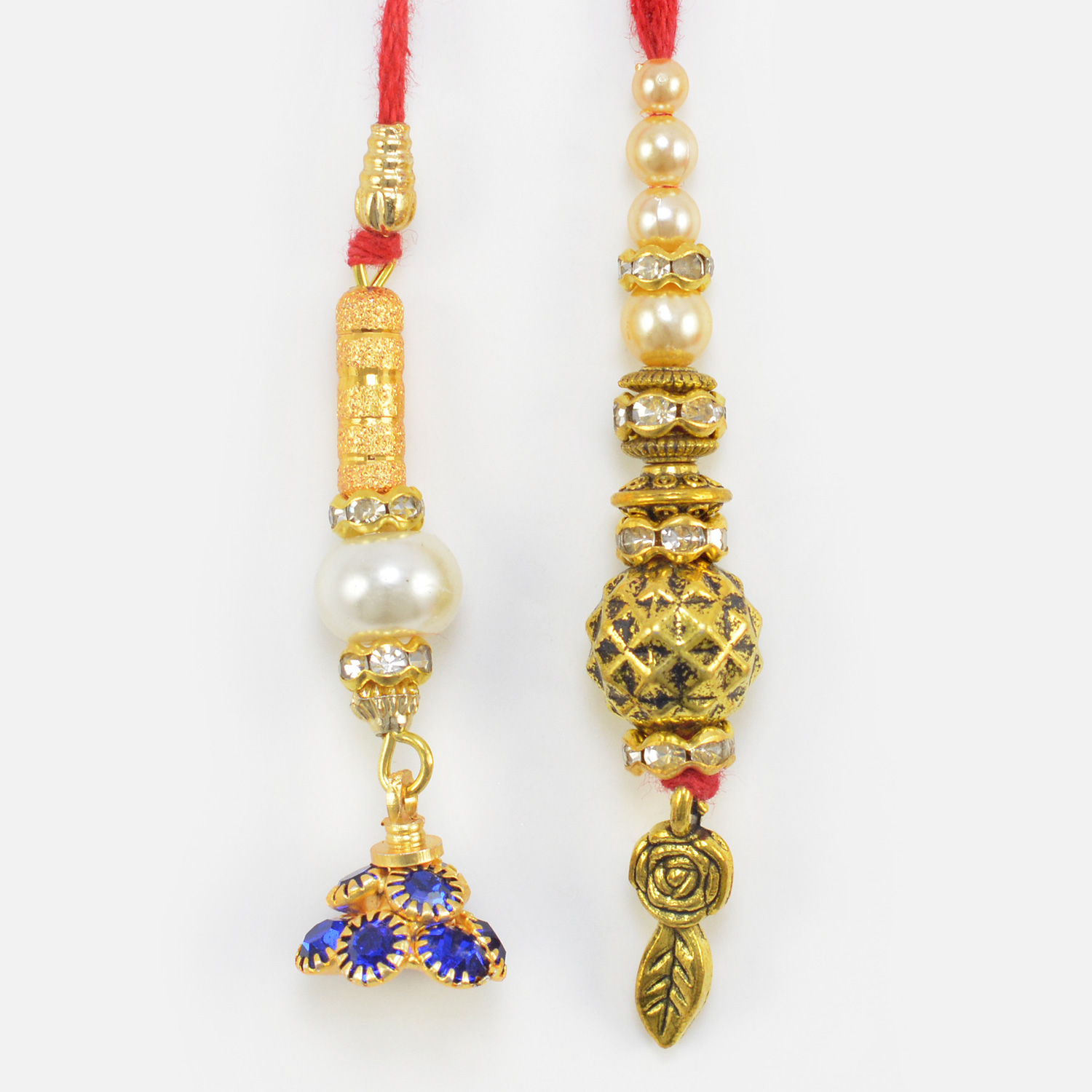Blue Stones Studded and Golden Leaf Hanging Two Attractive Lumba Rakhis 