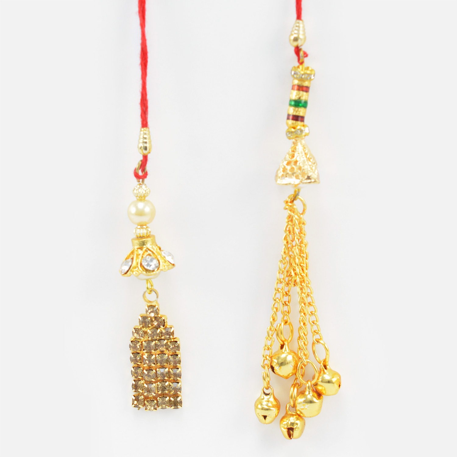 Blackish Color Jewel and Golden Liner Hanging Beads Beautiful Looking Lumba Rakhi Set