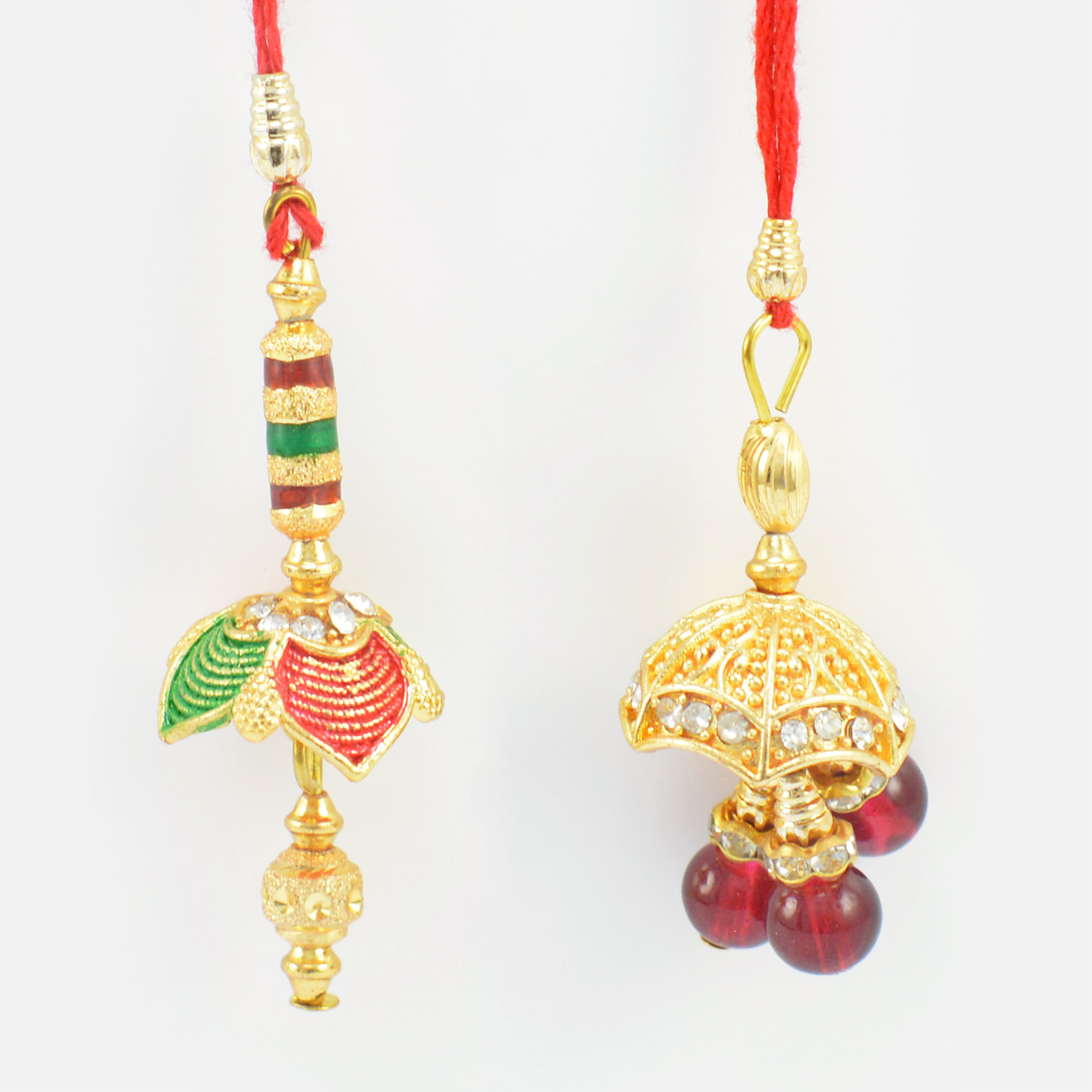 Hanging Cherry and Golden Bead Pattern Design New Lumba Rakhi Set of 2
