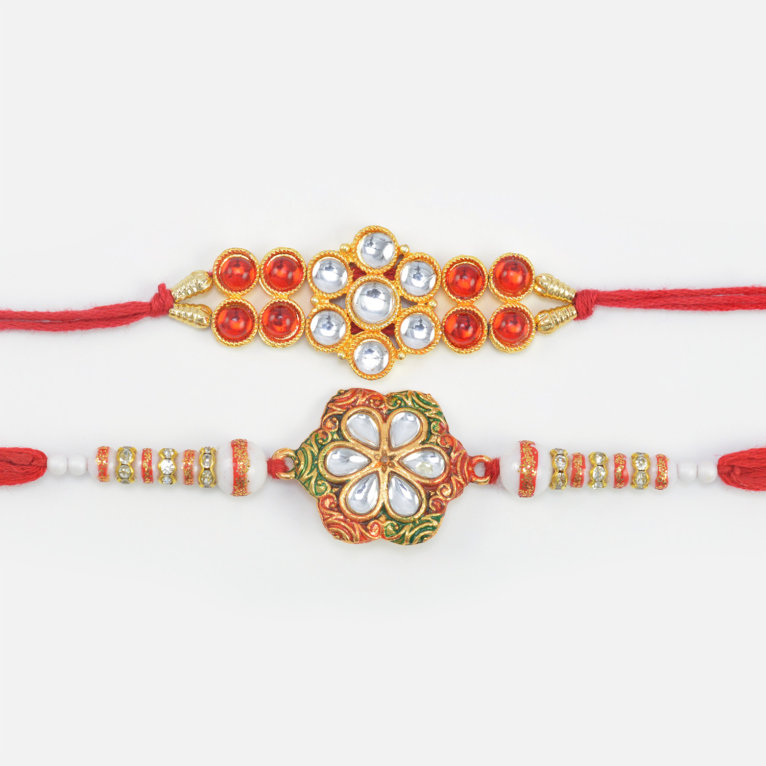 Red and White Jewel Studded Floral Shape Rakhis Set of Two 