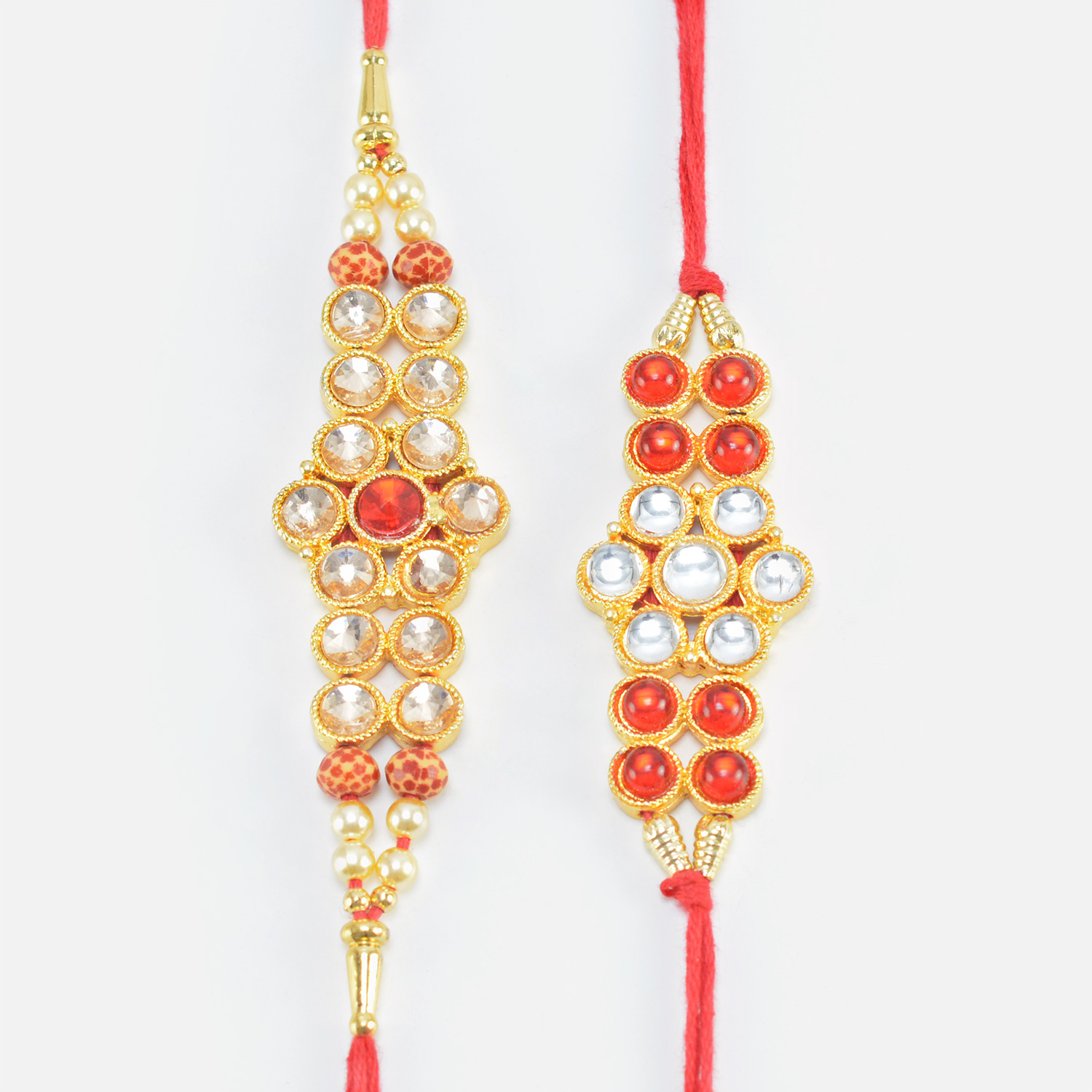 Special Red and White Jewel Stone Studded Brother Rakhis Set of 2