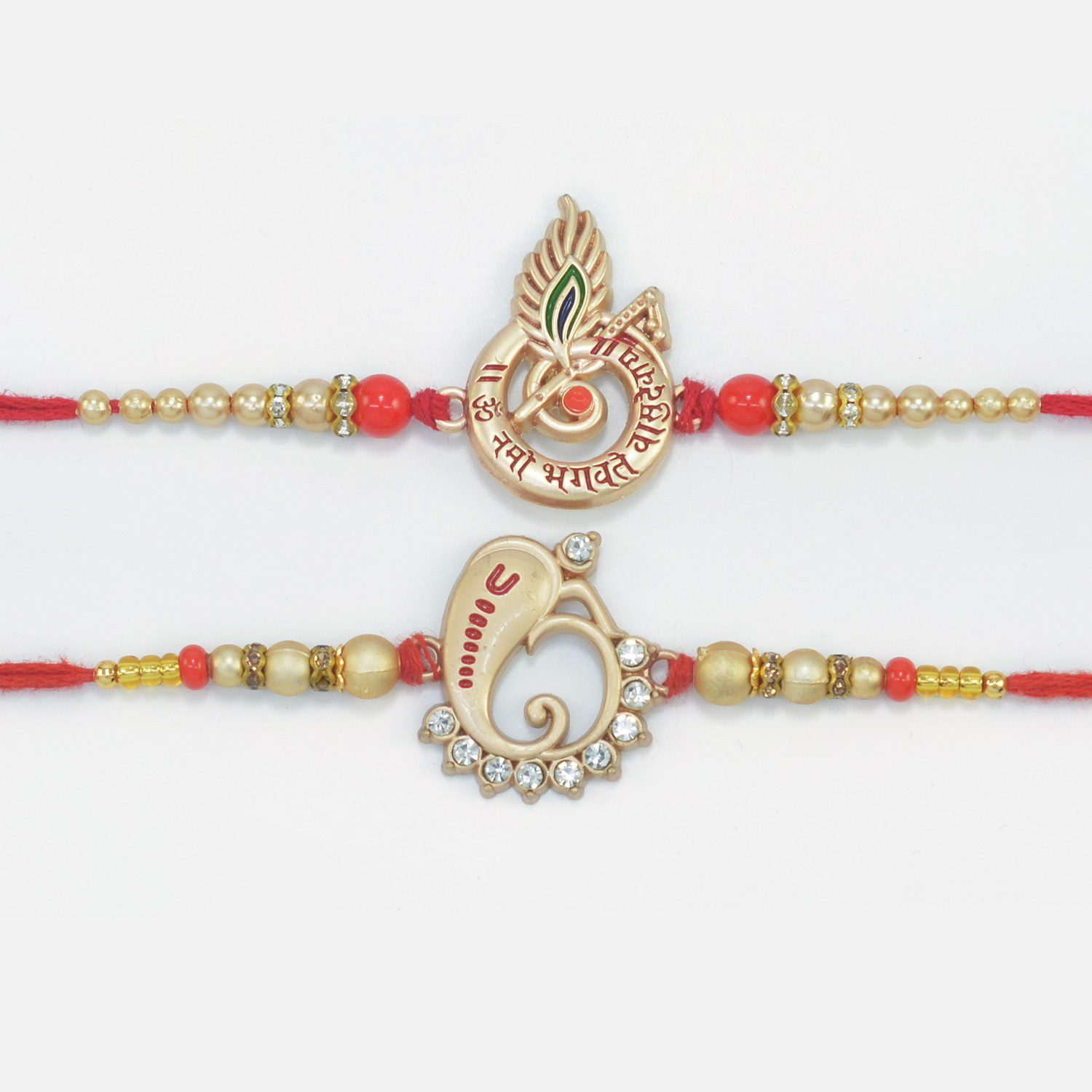 Shri Krishna More Pankh and Ganesha with Jewels Auspicious Rakhi Set of 2