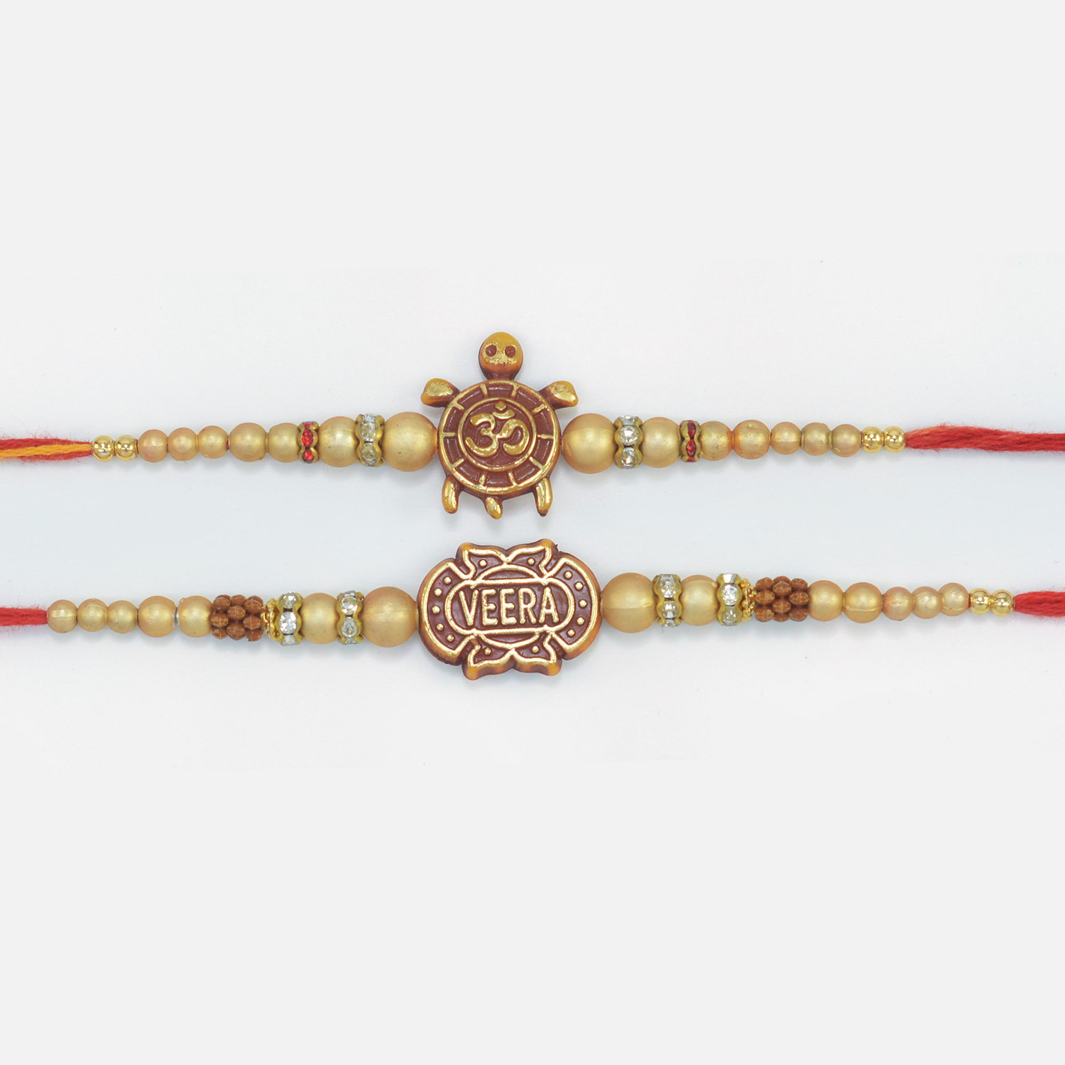 Om Written on Tortoise with Veers Written Stylish Rakhis for 2 Brothers