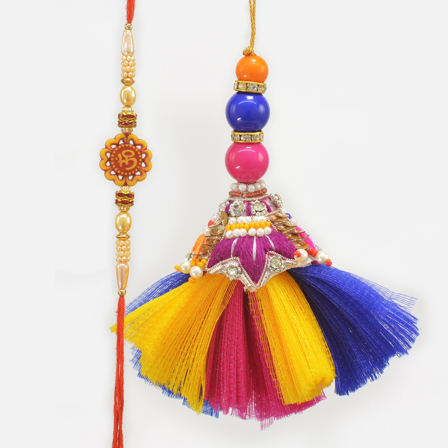 Om Floral Creamy Beads Rakhi with Colorful Eye Catching Lumba Amazing Bhaiya Bhabhi Rakhi Set