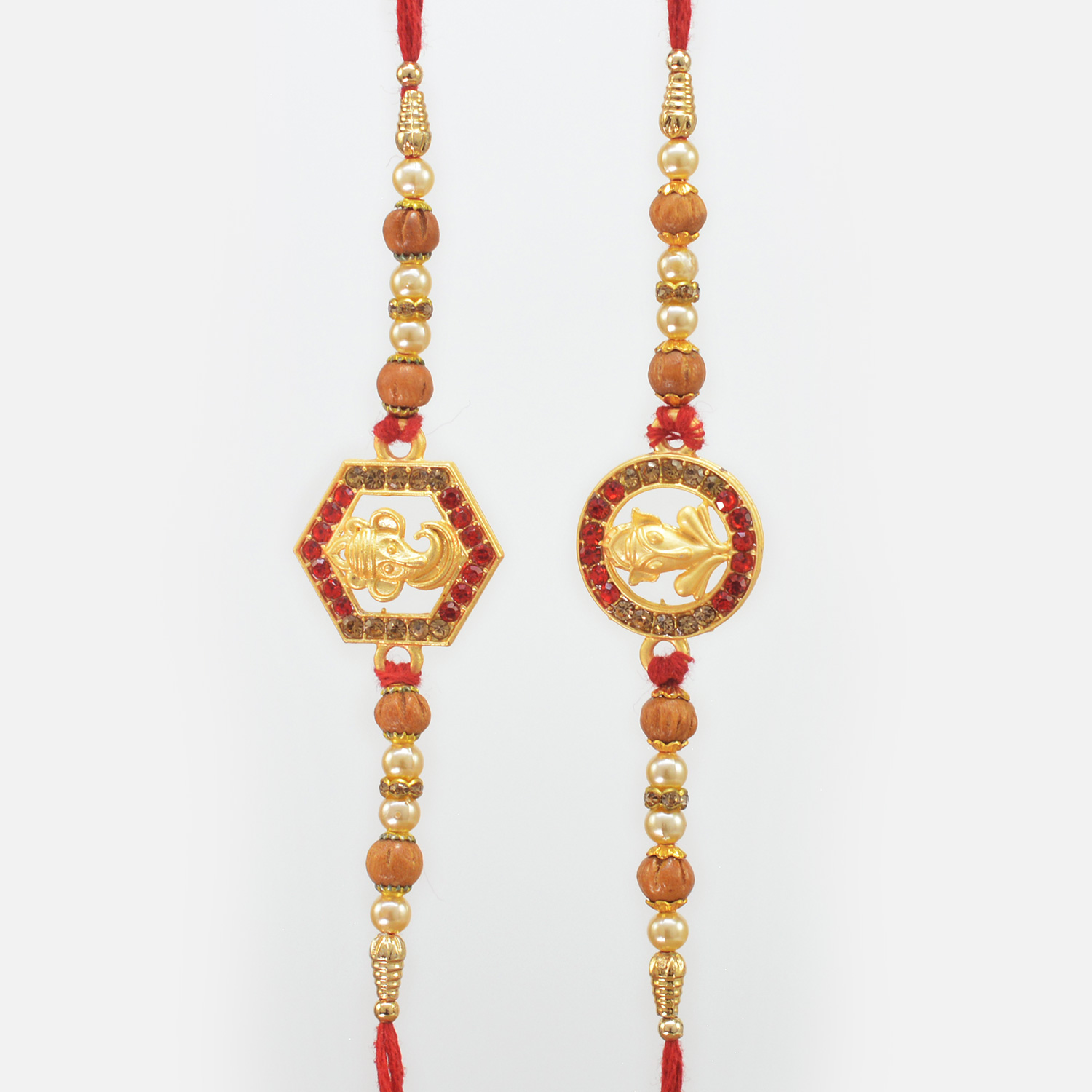 Shri Ganesha Divine Pair of Golden Beads Magnificent Amazing Rakhis Set for 2 Brothers