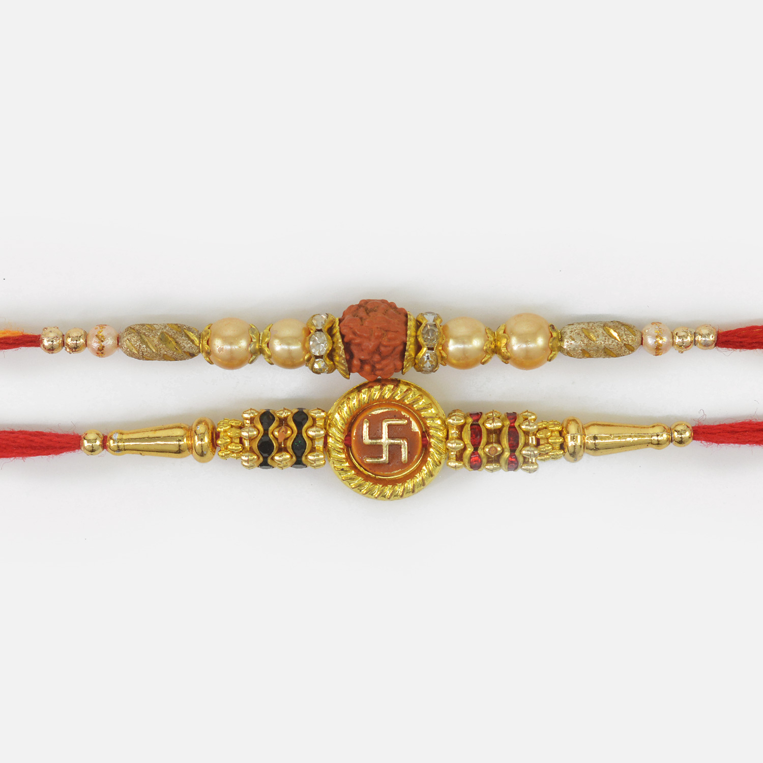 Sacred Rudraksha and Swastika in Golden Ring Stunning Looking Thread Rakhis Set of 2