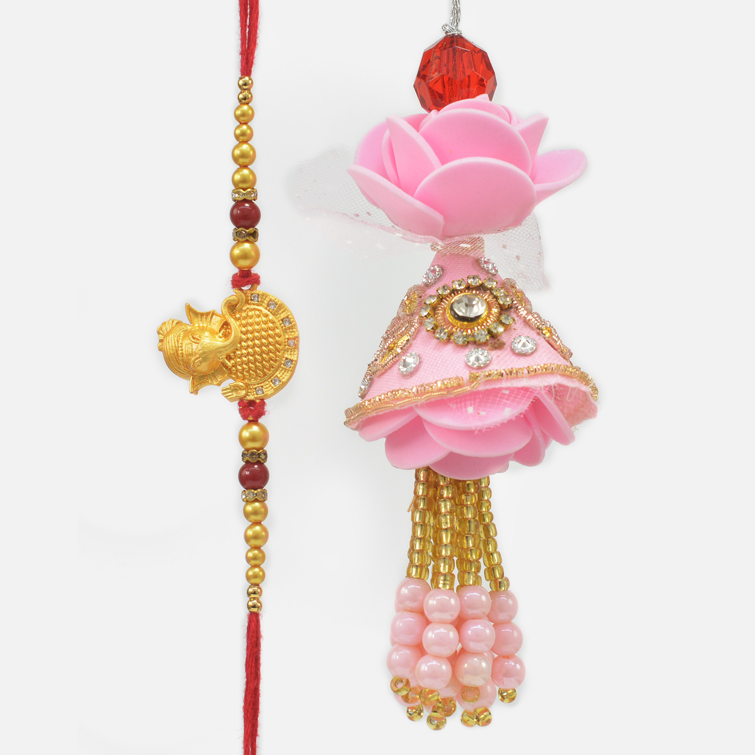 Golden Holy Ganesha Rakhi for Brother with Pink Color Beautiful Bhabhi Rakhi Set of 2