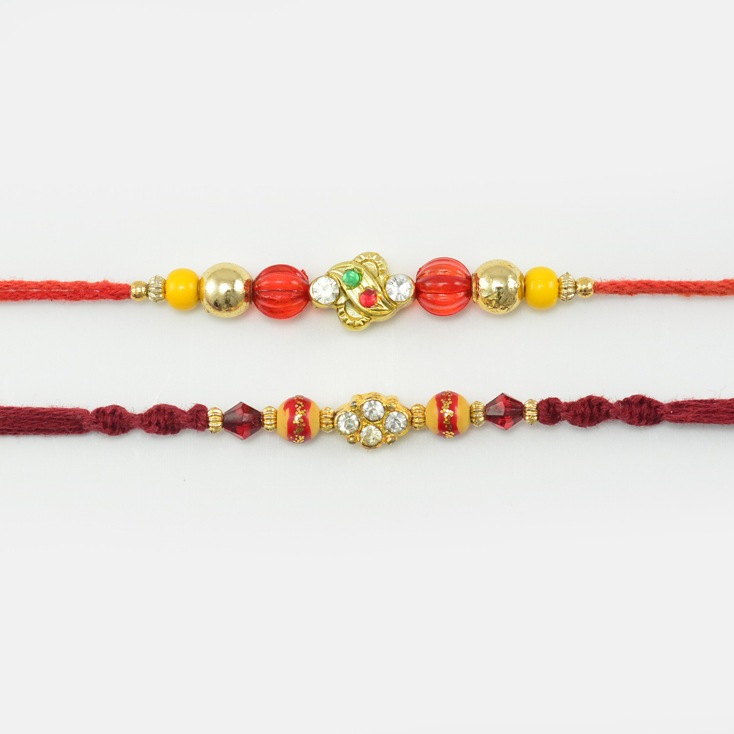 Multicolor Beads Rakhi with Diamonds In Mauli Dori