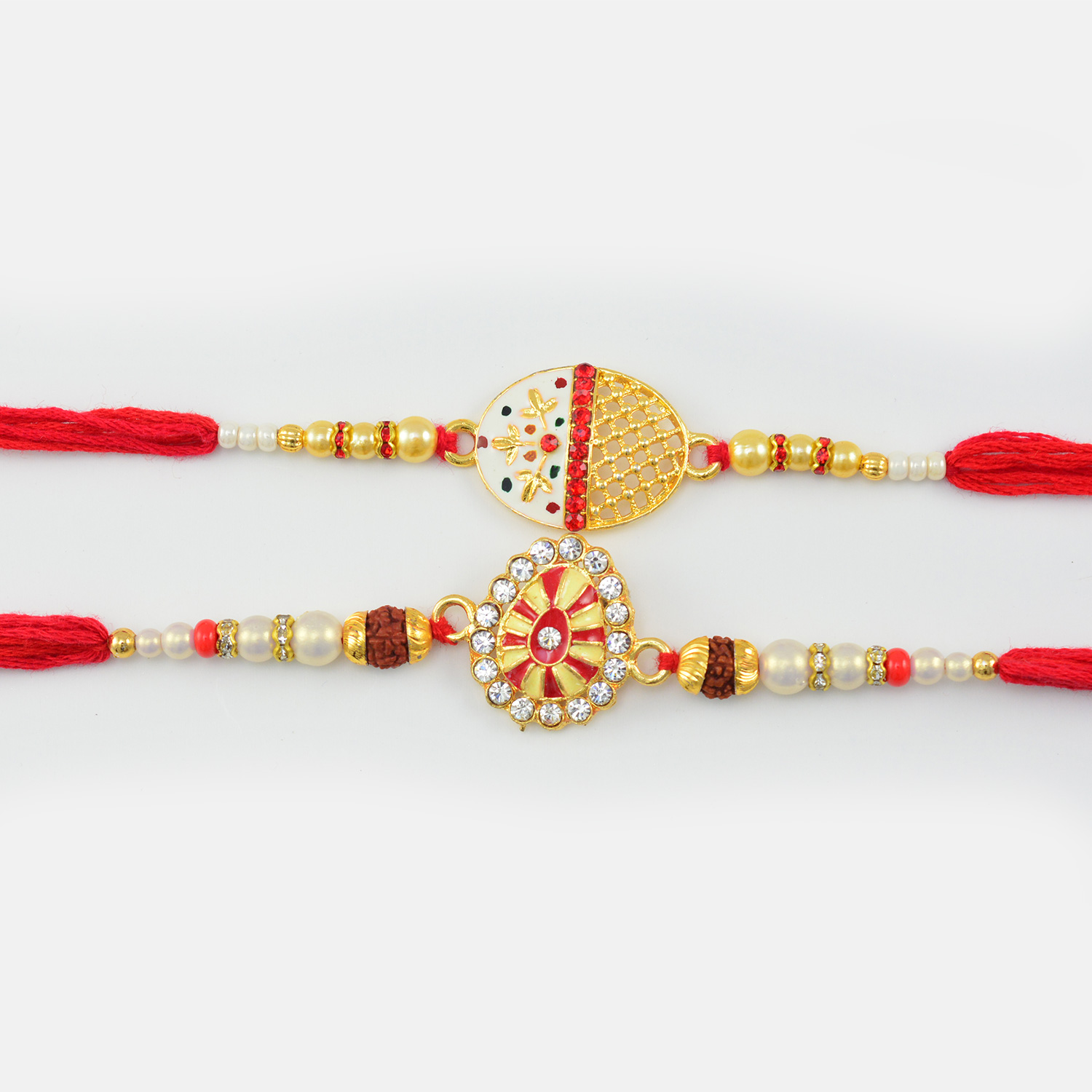 Golden Color Pearls And Rudraksh Rakhi Set of 2