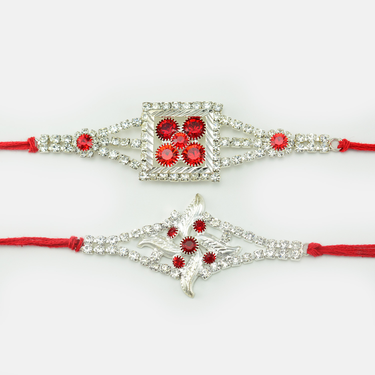 Attractive Designer silver Color Rakhi In Red Diamond 