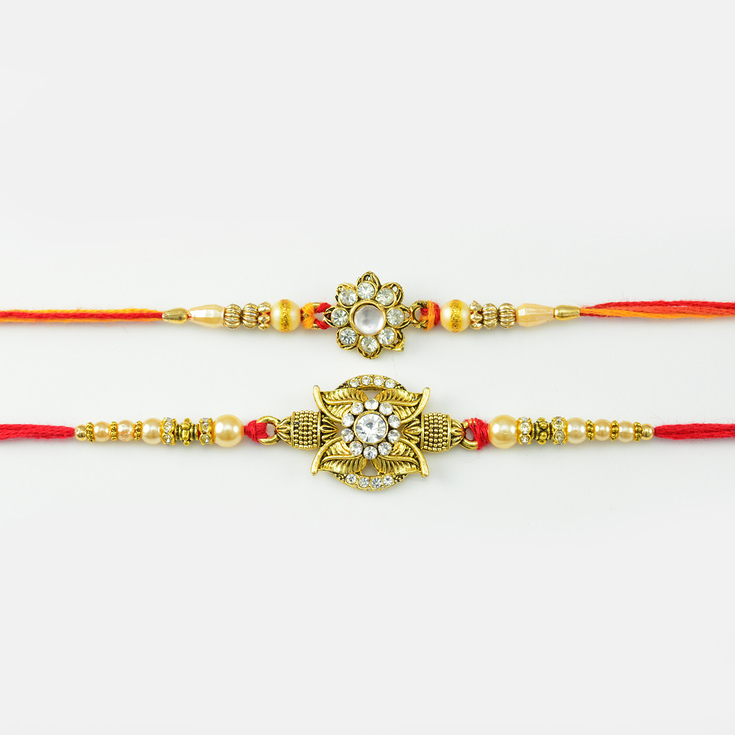 Traditional Designer Golden Color Rakhi with Pearls