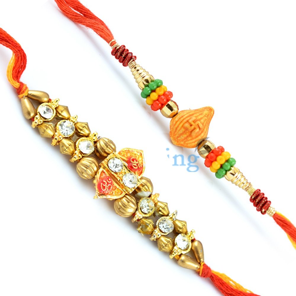 Auspecious Colorful Beads and Golden Diamond 2 Rakhi Set