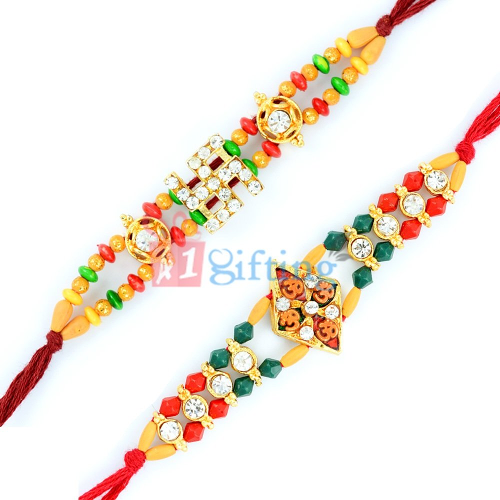 Magic of colorful Beads of 2 Rakhis With Om and Swastik