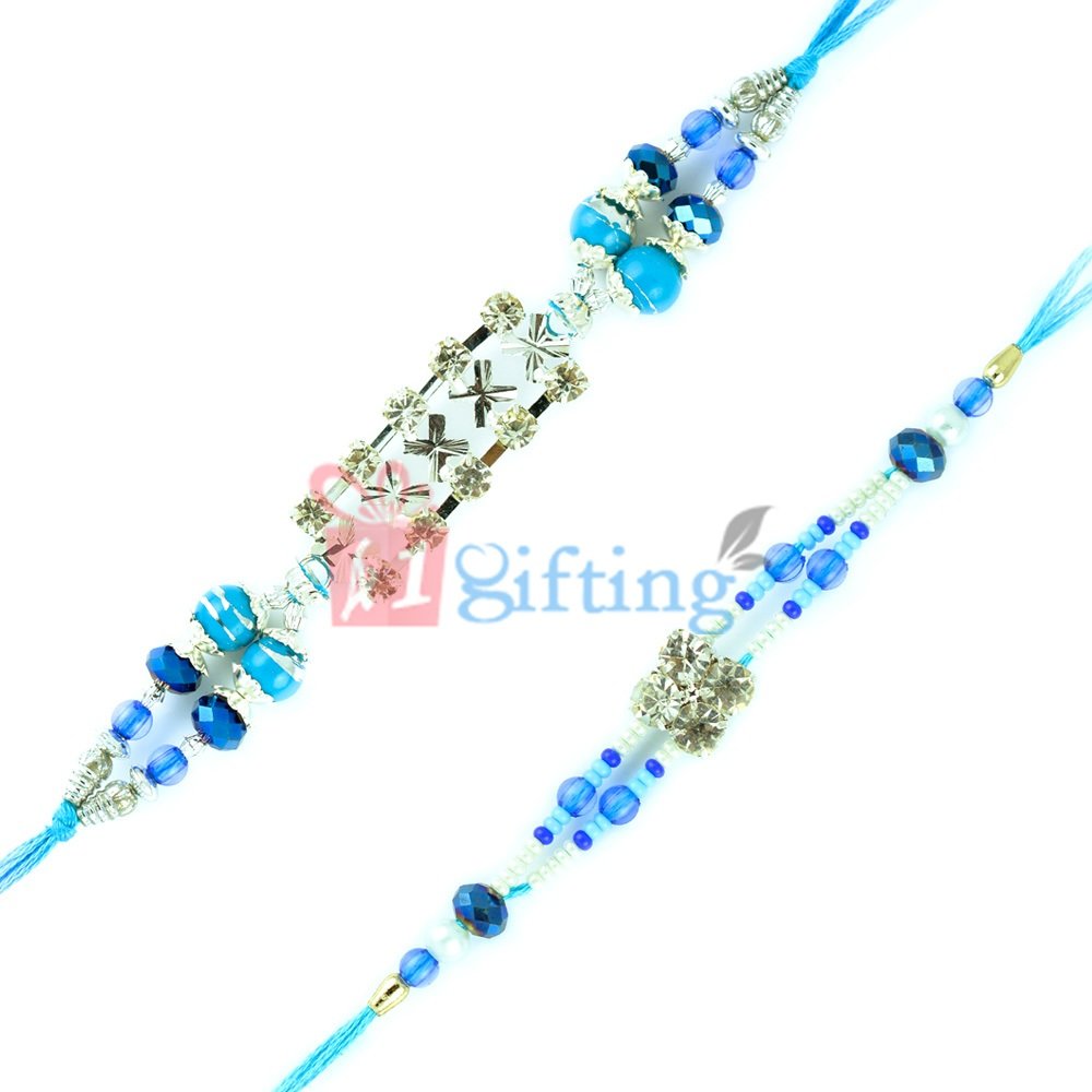 Angelic Fancy Design Blue Beads Gift Set of Rakhi