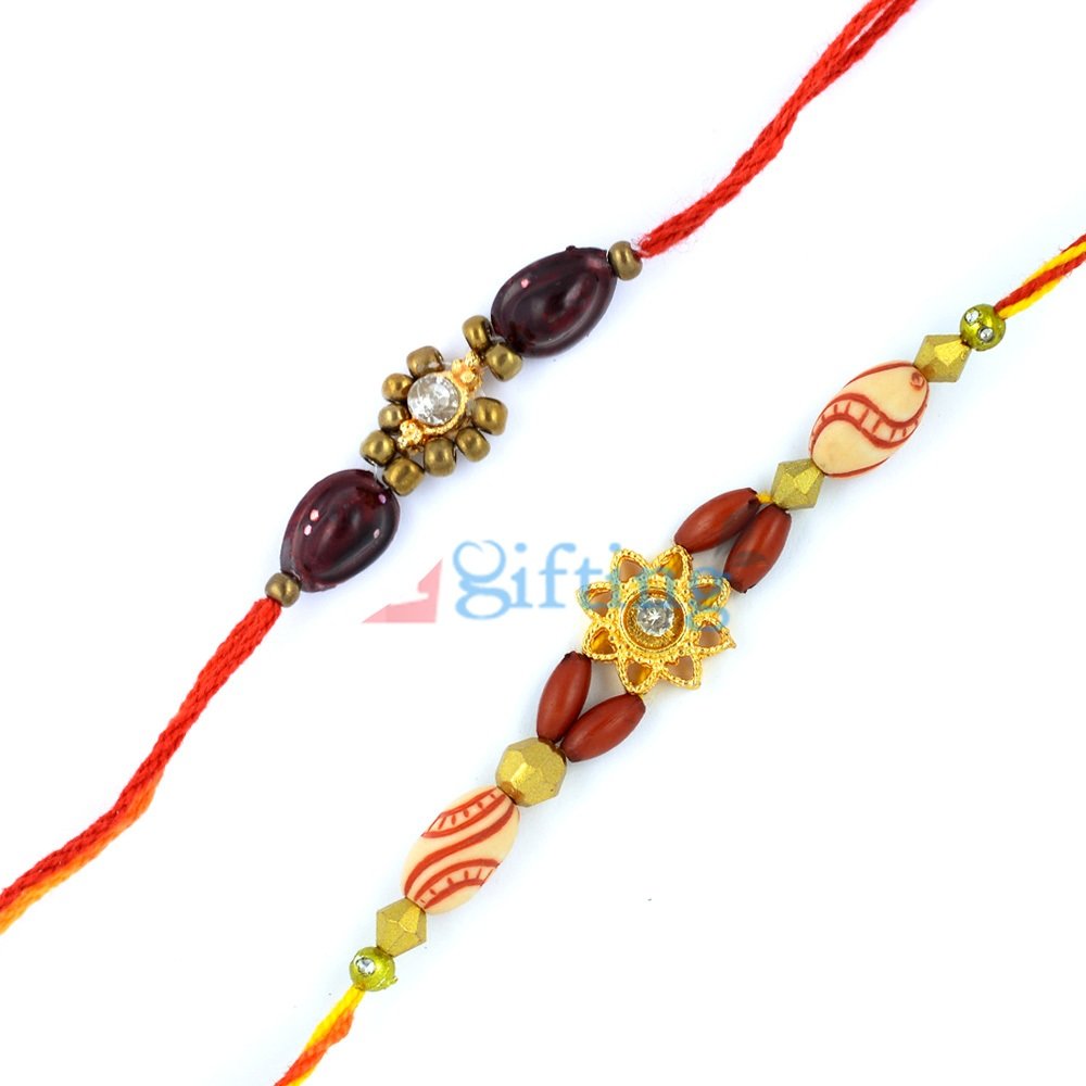 Golden Flower Maroon Special Beads Jewels Rakhi Combo