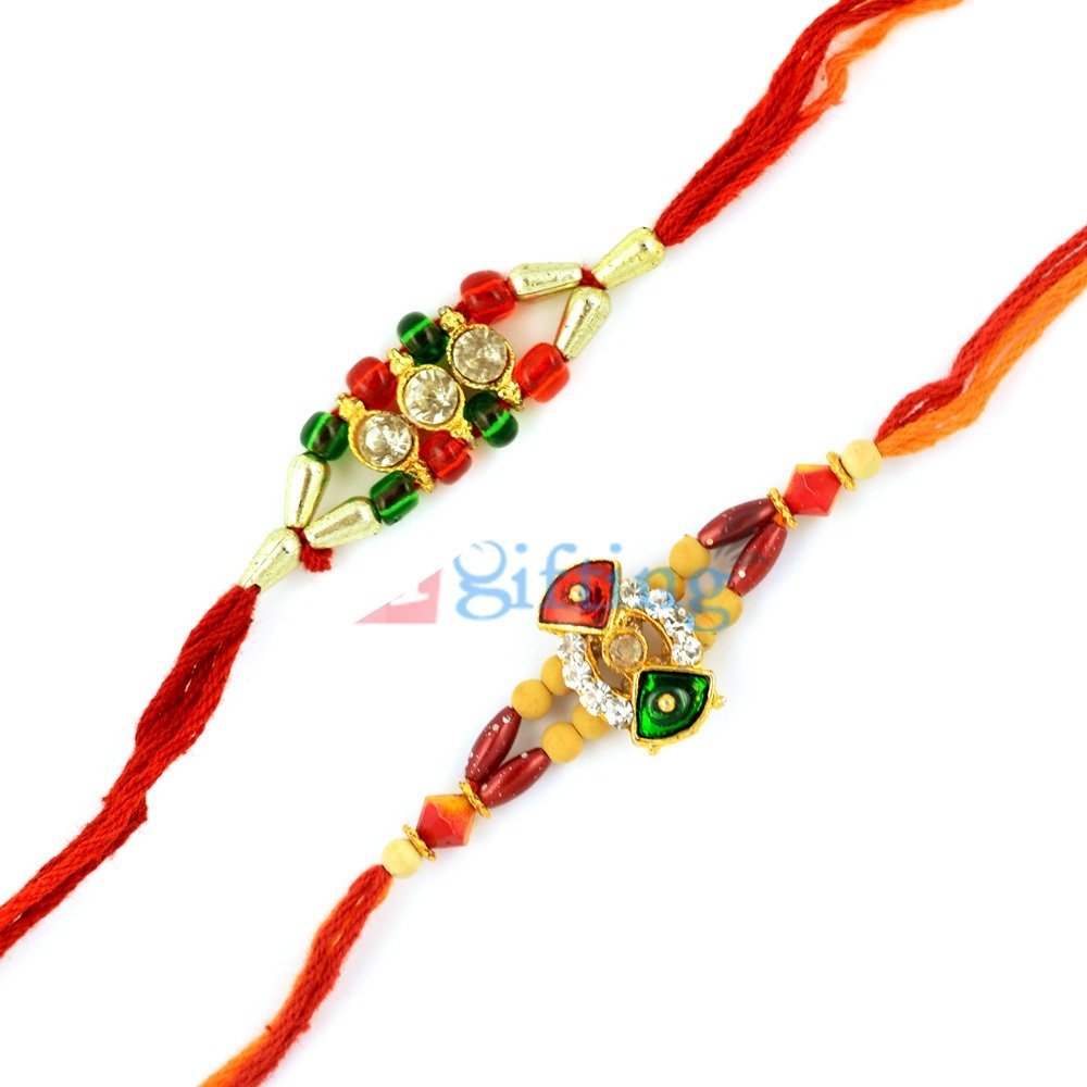 Classic Meenakari Red Green Beads with Diamond Rakhi Gift Set