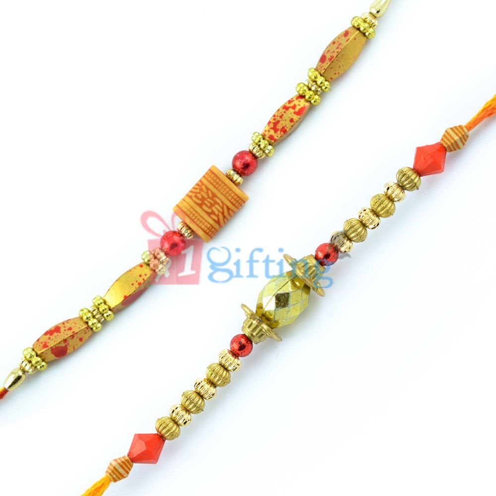 Golden Spatter Tri-Color Enamelled Beads Rakhi Gift Set