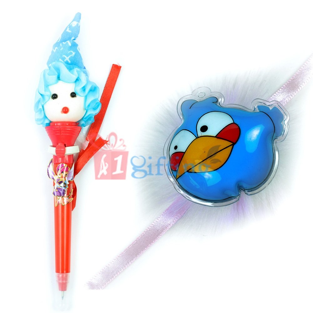 Blue Angry Birds and Writing Pen Rakhi Gift Set