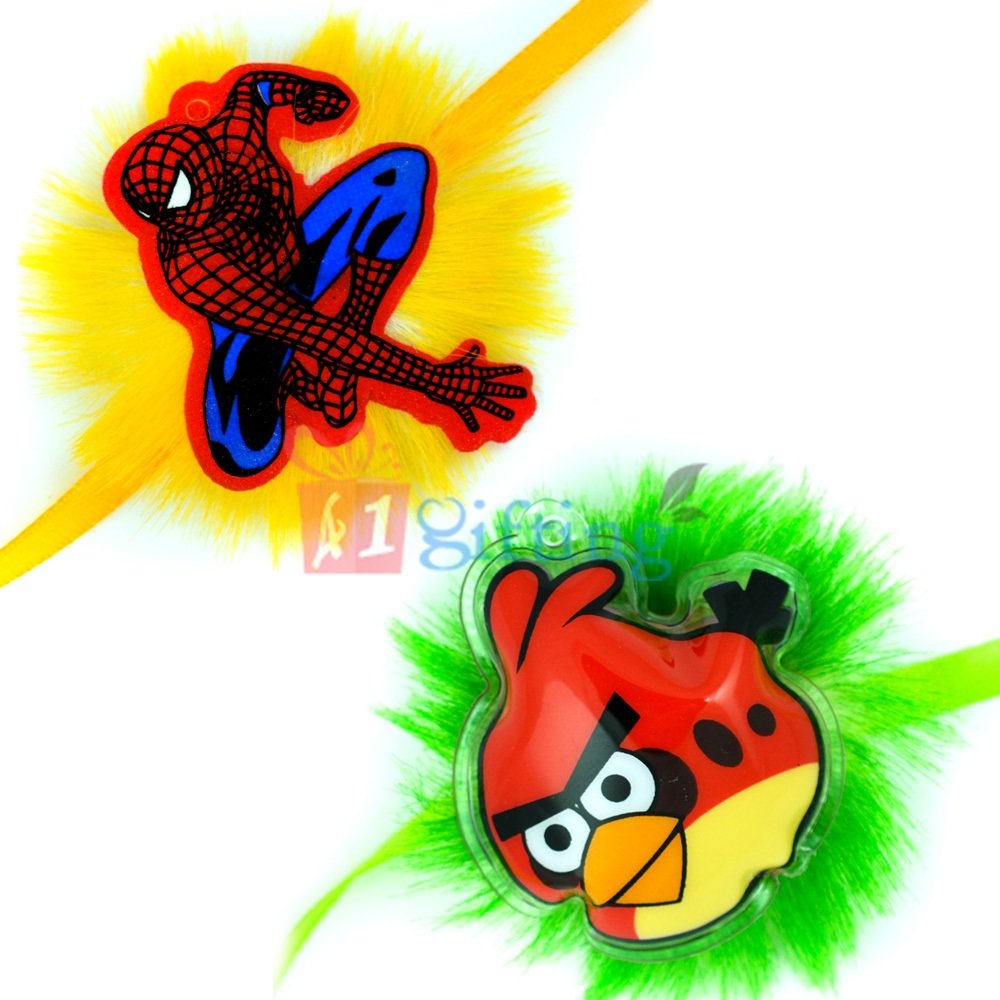 Spiderman and Air Packed Red Angry Birds Cartoon Rakhi Gift Set