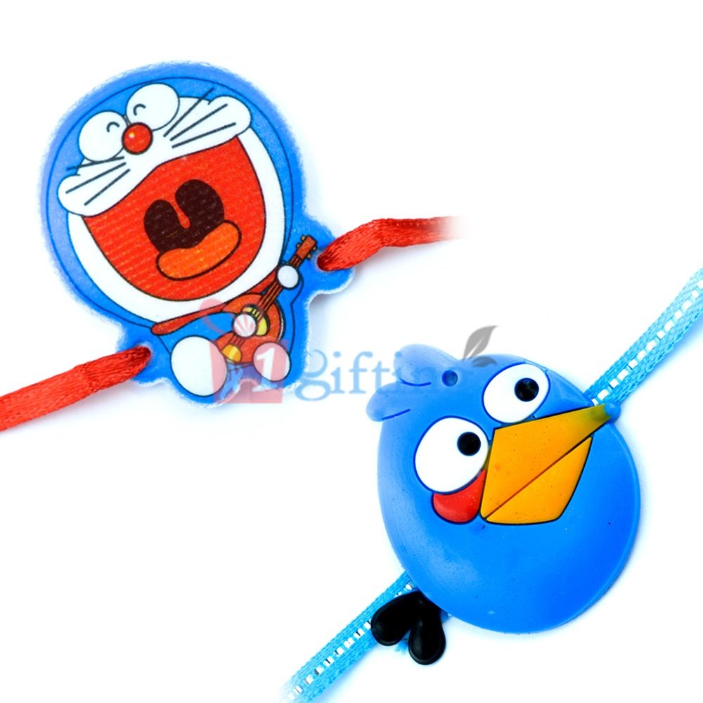 Doraemon and Blue Bulb Like Angry Bird Cartoon Rakhi Combo