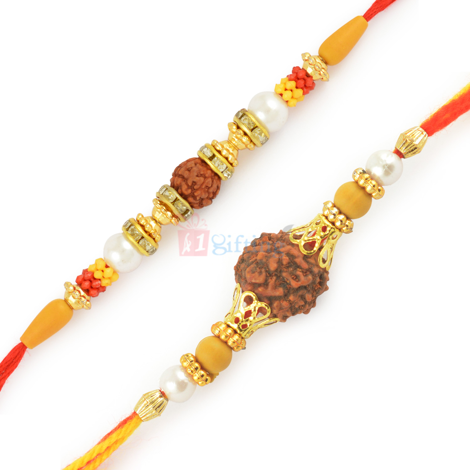 Rudraksh Pearl Diamond Golden Beads Mauli Rakhi Combo