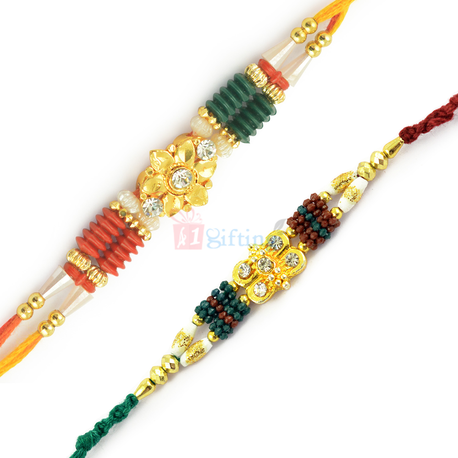 Multi color Beads and Diamond Grace in Golden Base Rakhi Combo