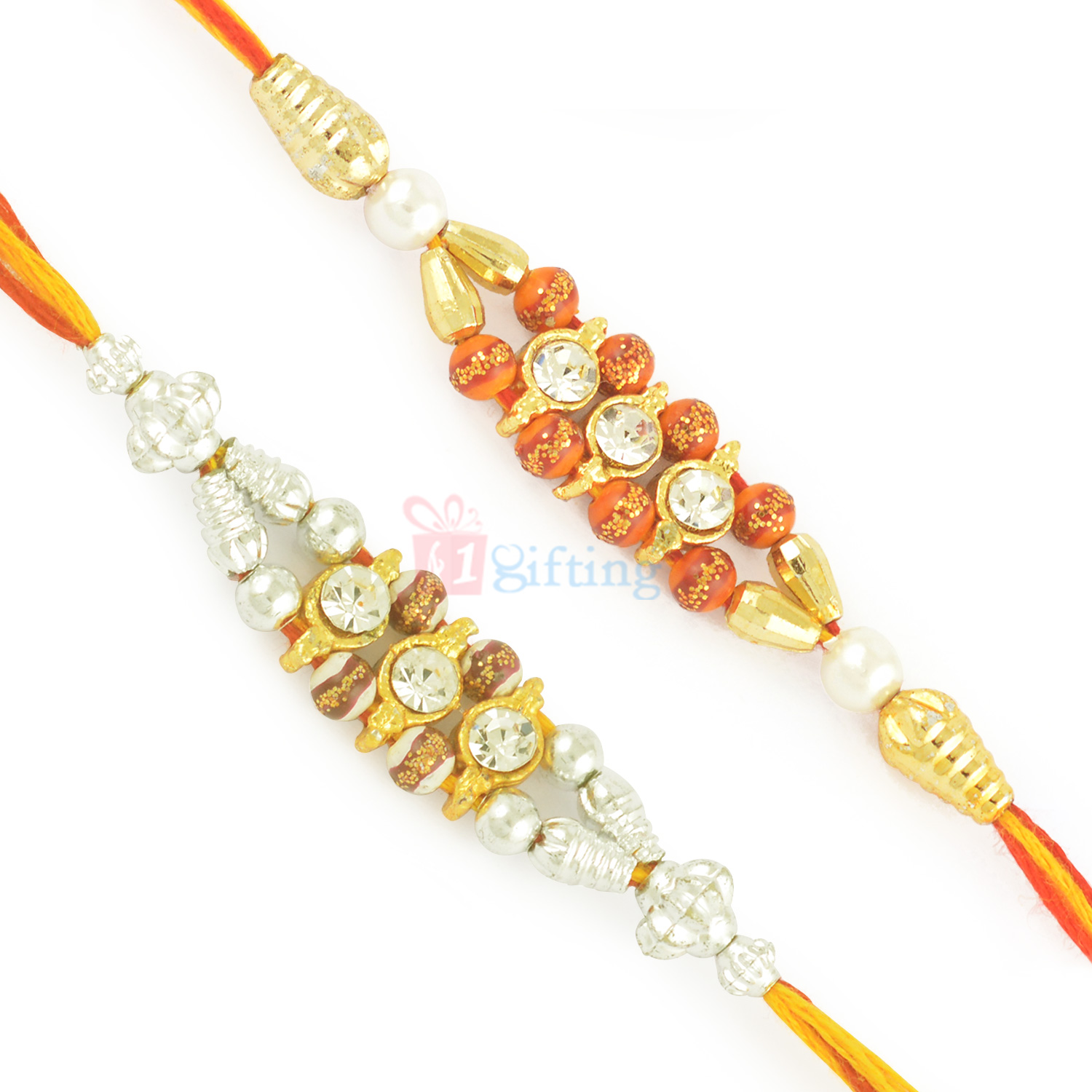 Tripple Diamond Siliver and Golden Color Beaded Rakhi Set