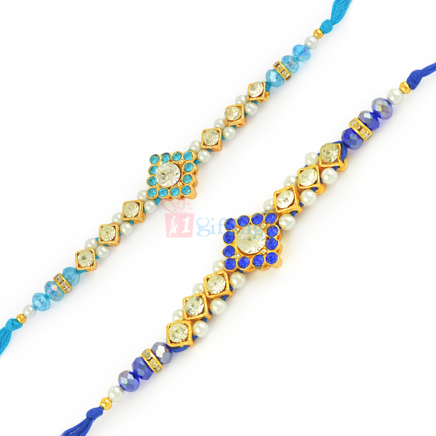 Blue Stone Pearl and Diamond work Golden Rakhi Combo