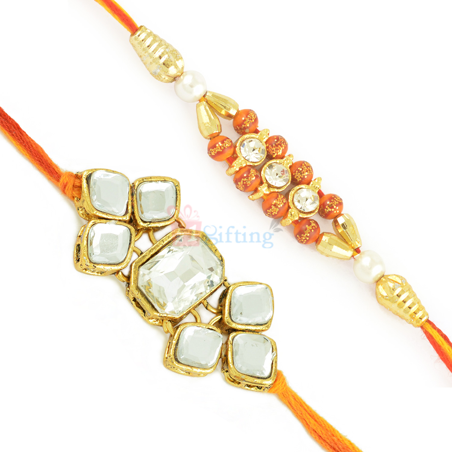 Dazzling Designer Beads and Stone Work Golden Rakhi Set