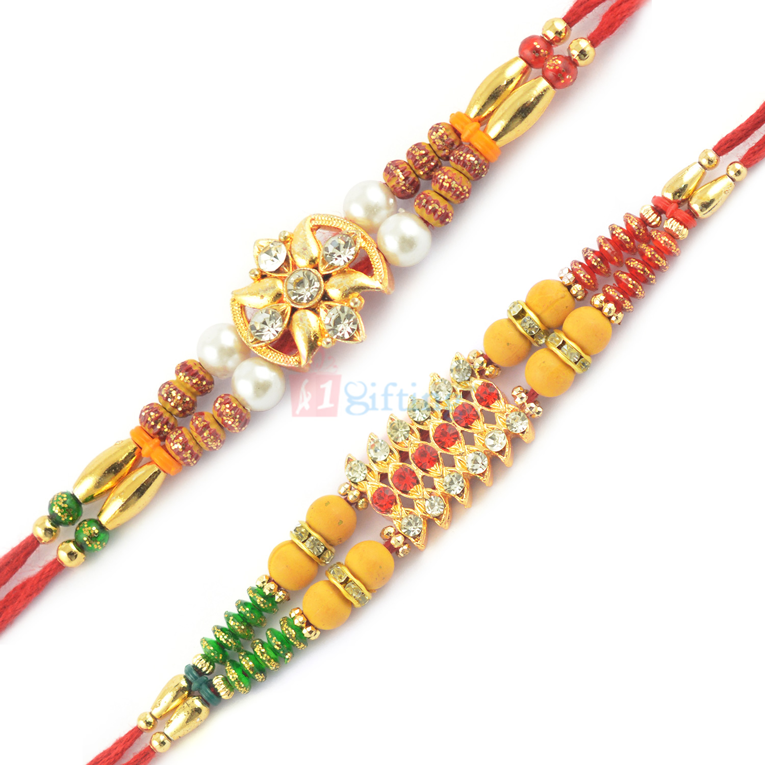 Authentic Multi Color Diamond and Golden Beads Rakhi Set