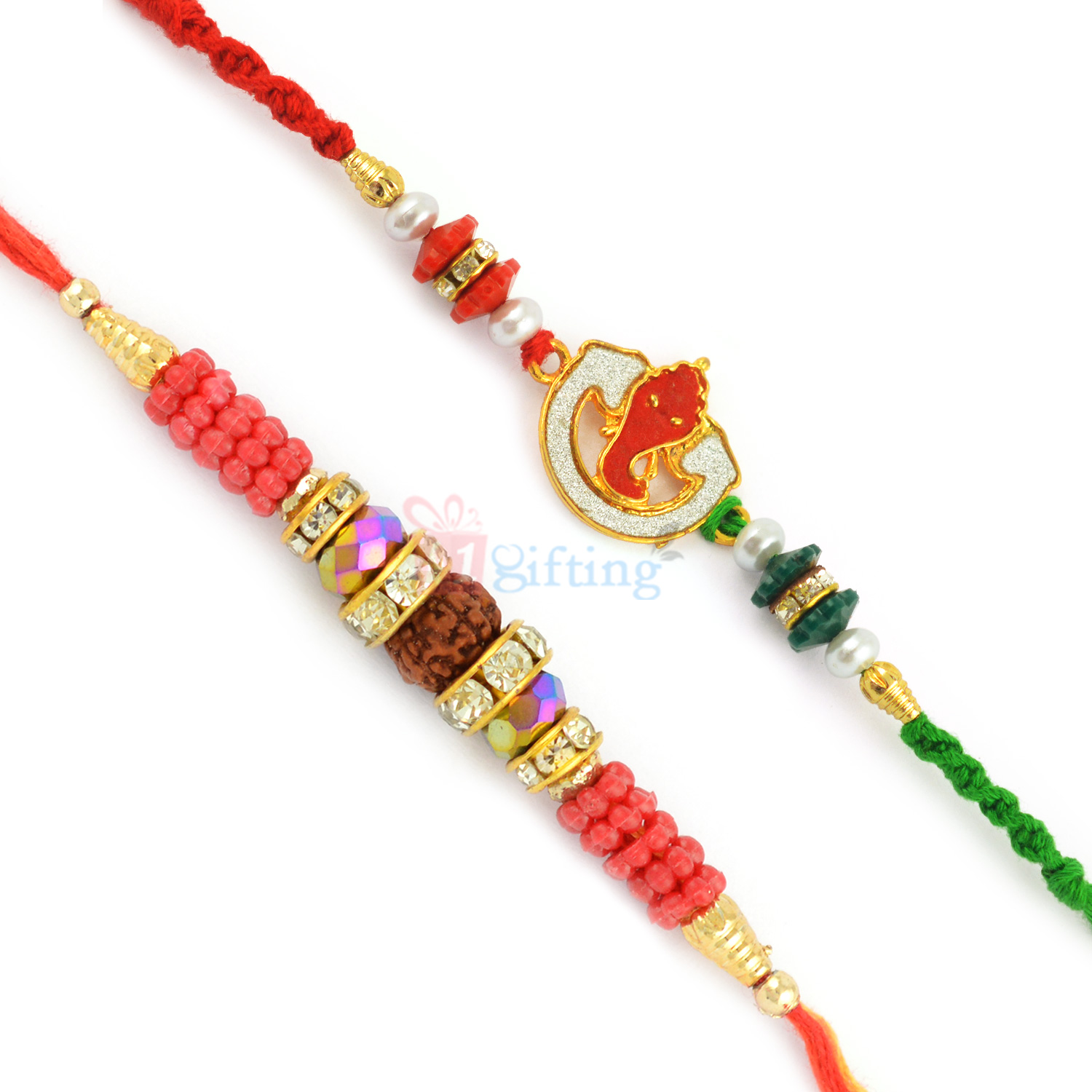 Premium AD Work Ganesha and Rudraksh Beads Rakhi Combo Set
