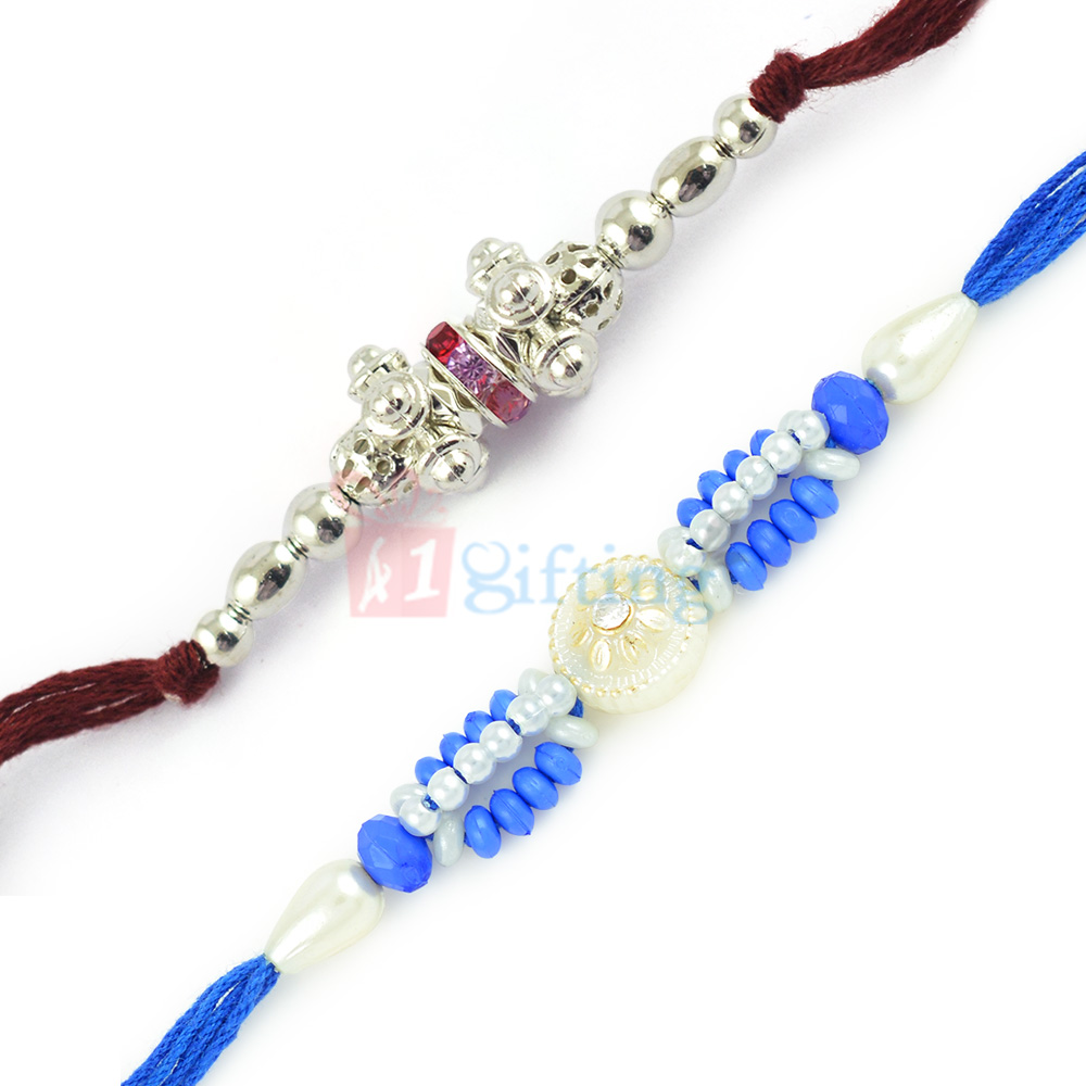 Classy and Fancyfully Designed Silver and Blue Shade Pearl Rakhi Set