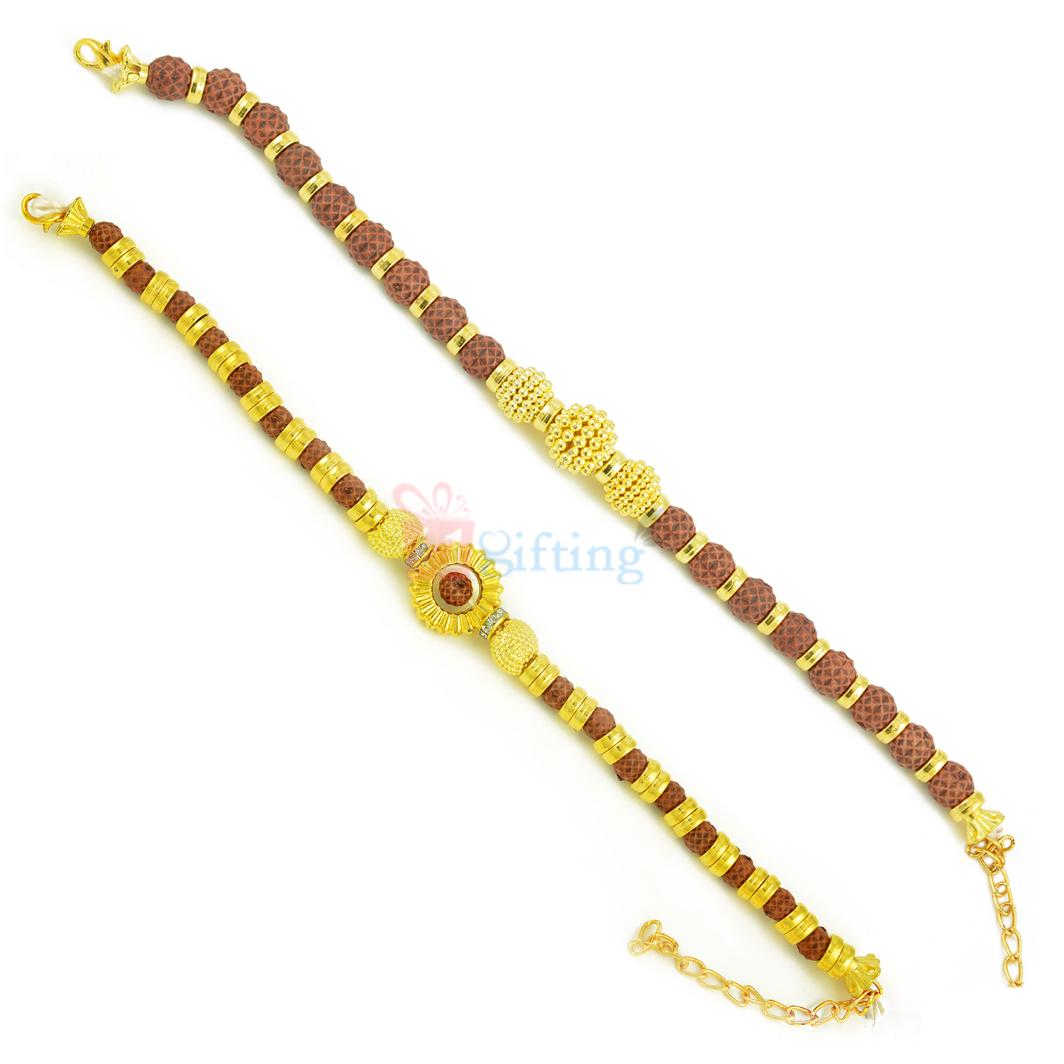 Aesthetic Golden and Rudraksh Theme Rakhi Bracelet Set of 2