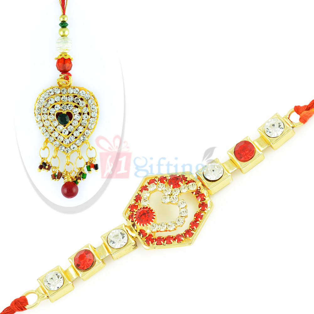 Om Auspicious Jewel and Heart Shape Pair Rakhi Set