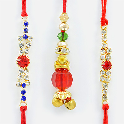 Designer Rakhi Set of 3 with Mauli String