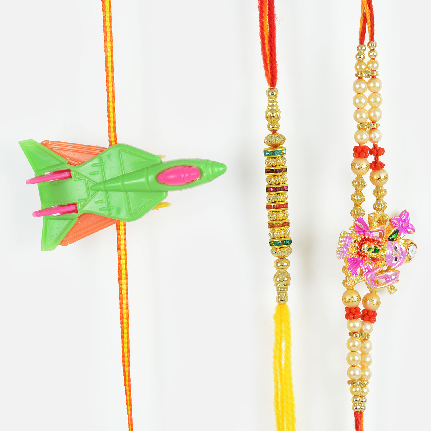 Glossy Beads and Pearls Rakhi Set of 3 with Kids Fighter Jet Rakhi